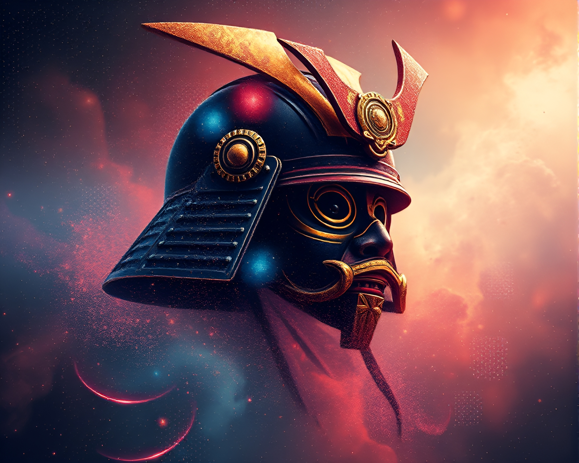 Samurai Helmet amidst Floating Galaxy Particles – free AI stock image