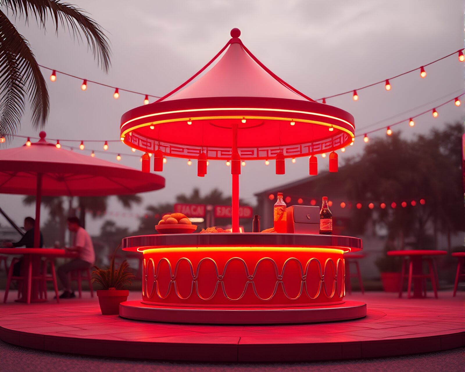 Futuristic low-angle wireframe rendering of vibrant taco stand