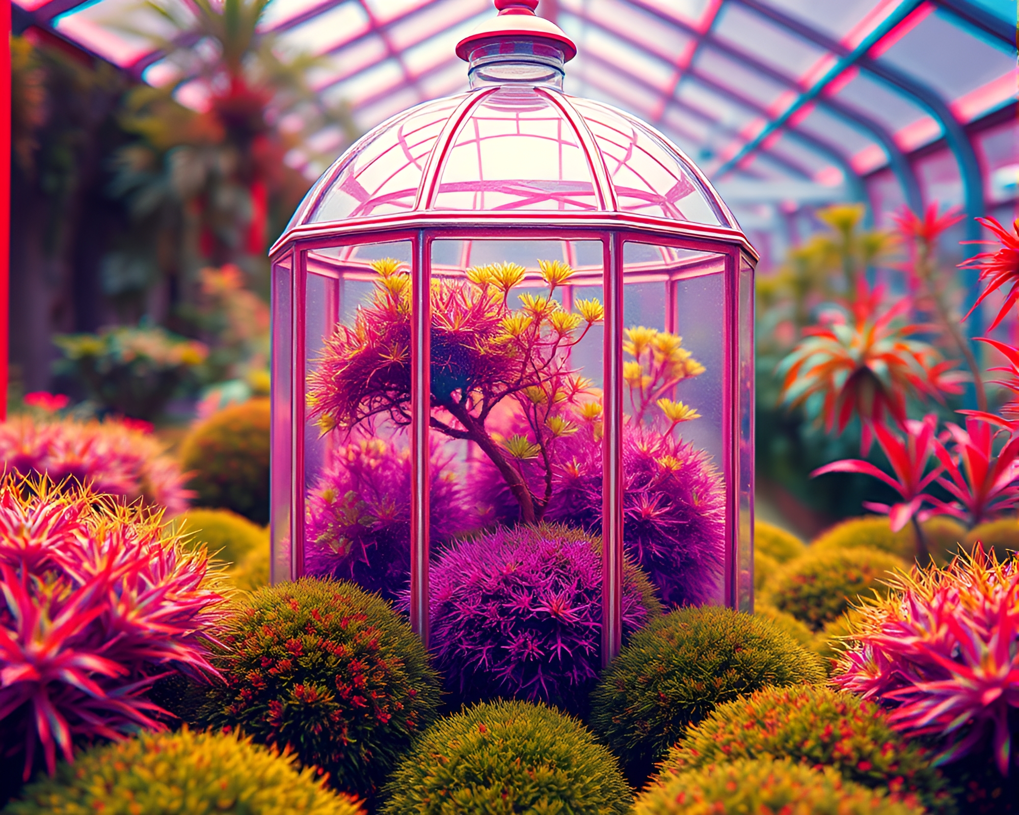 Mossy Galaxy Glass Greenhouse: Anaglyph 3D Wonder – free AI stock image