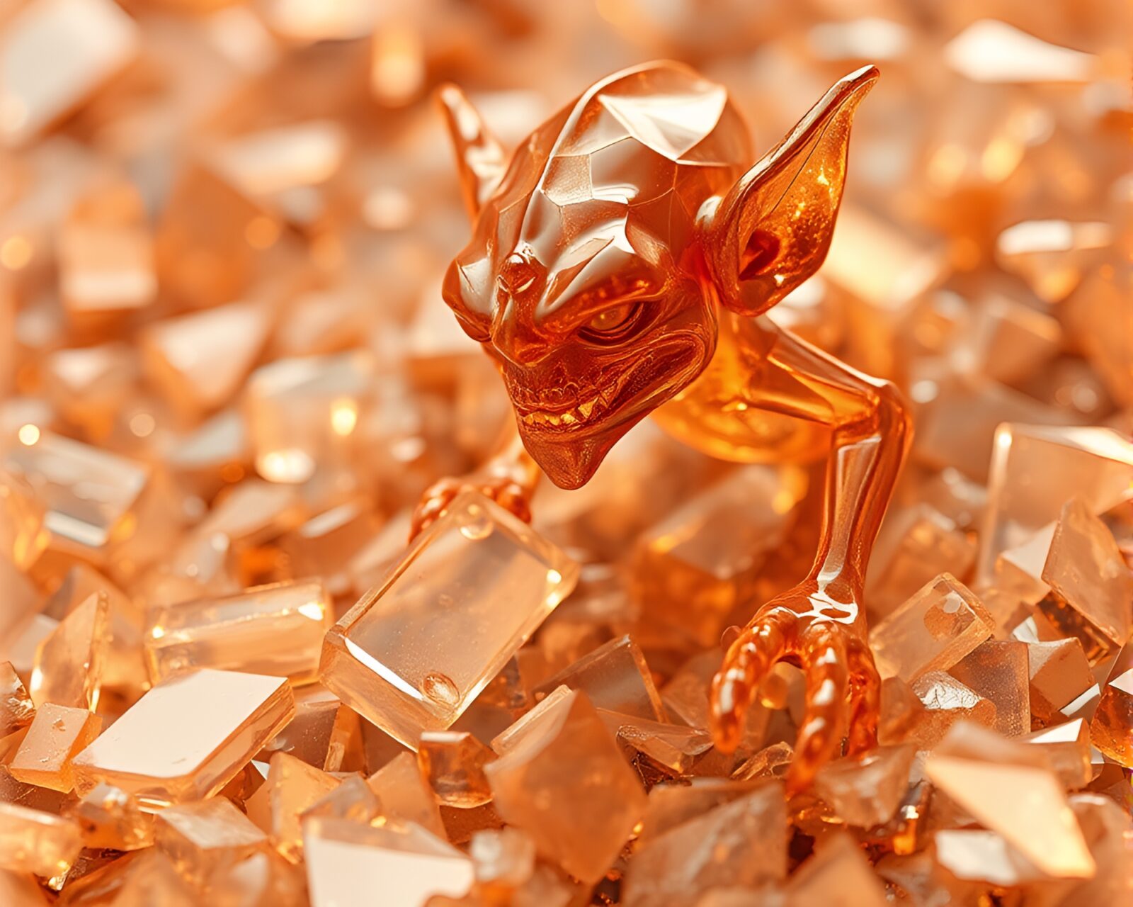 Fantasy goblin king surrounded by shards in copper lighting
