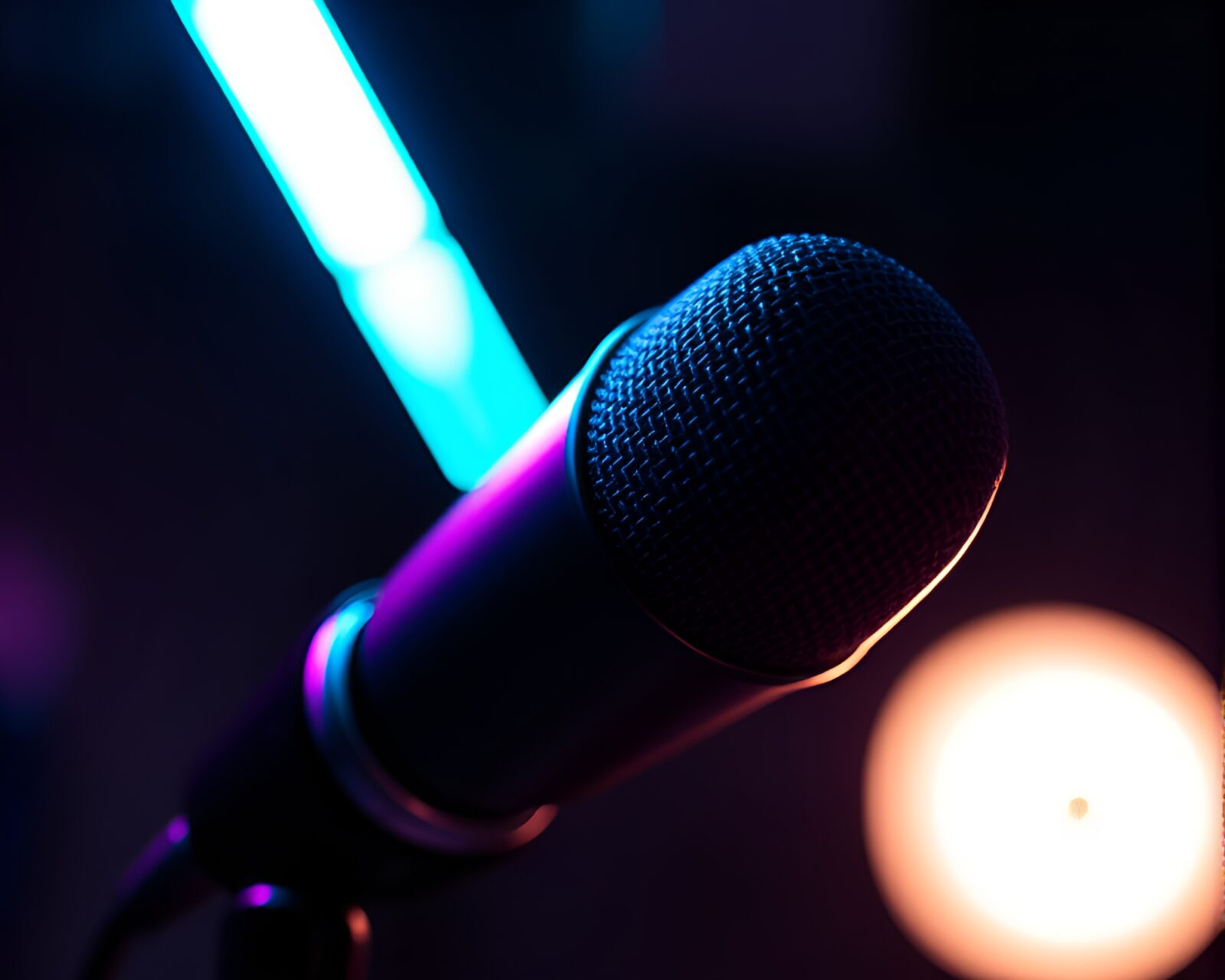 Glowing microphone in distorted neon lighting with ambient shadows