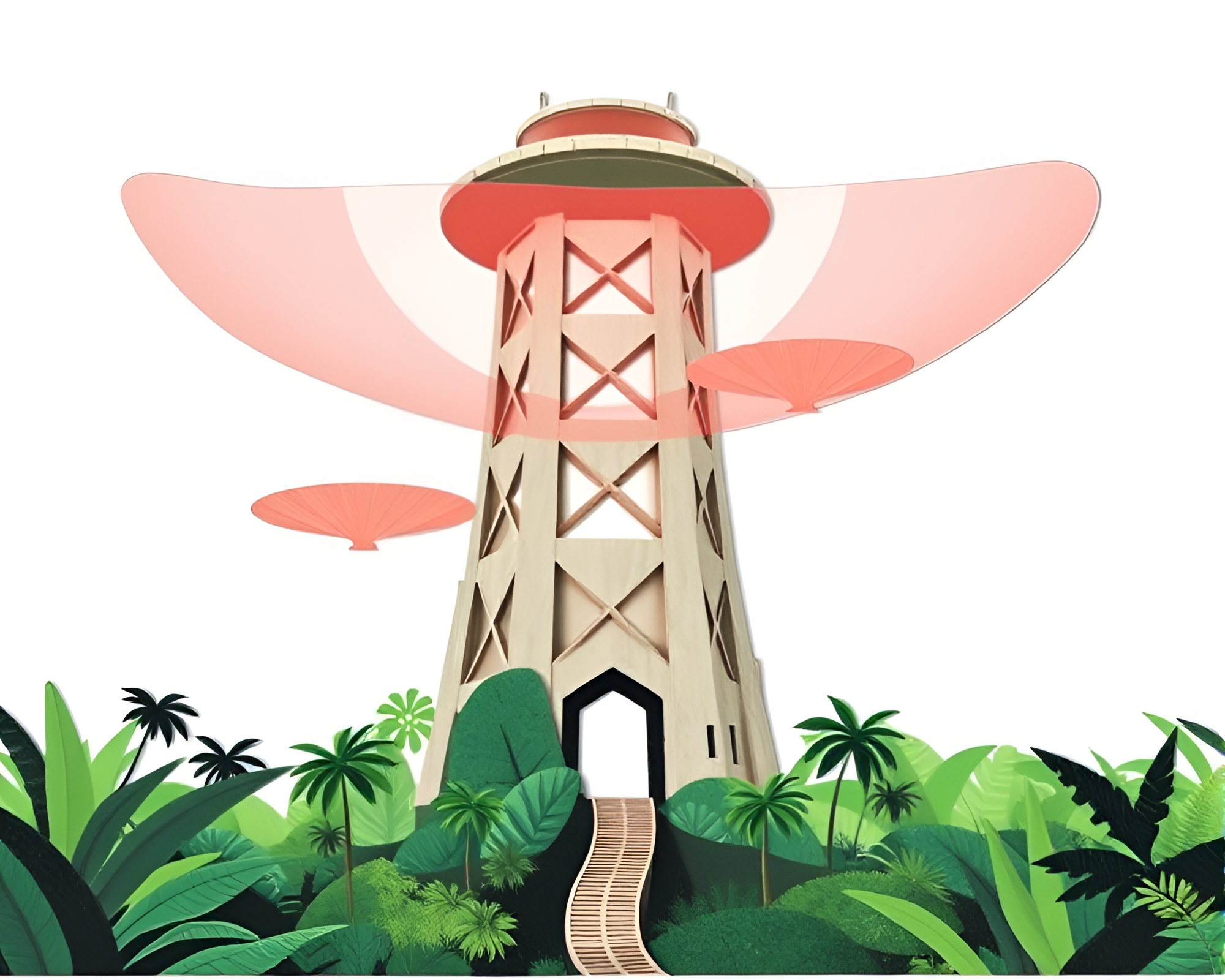 Tower in Jungle Canopy: Collage Cutouts Path Traced – free AI stock image