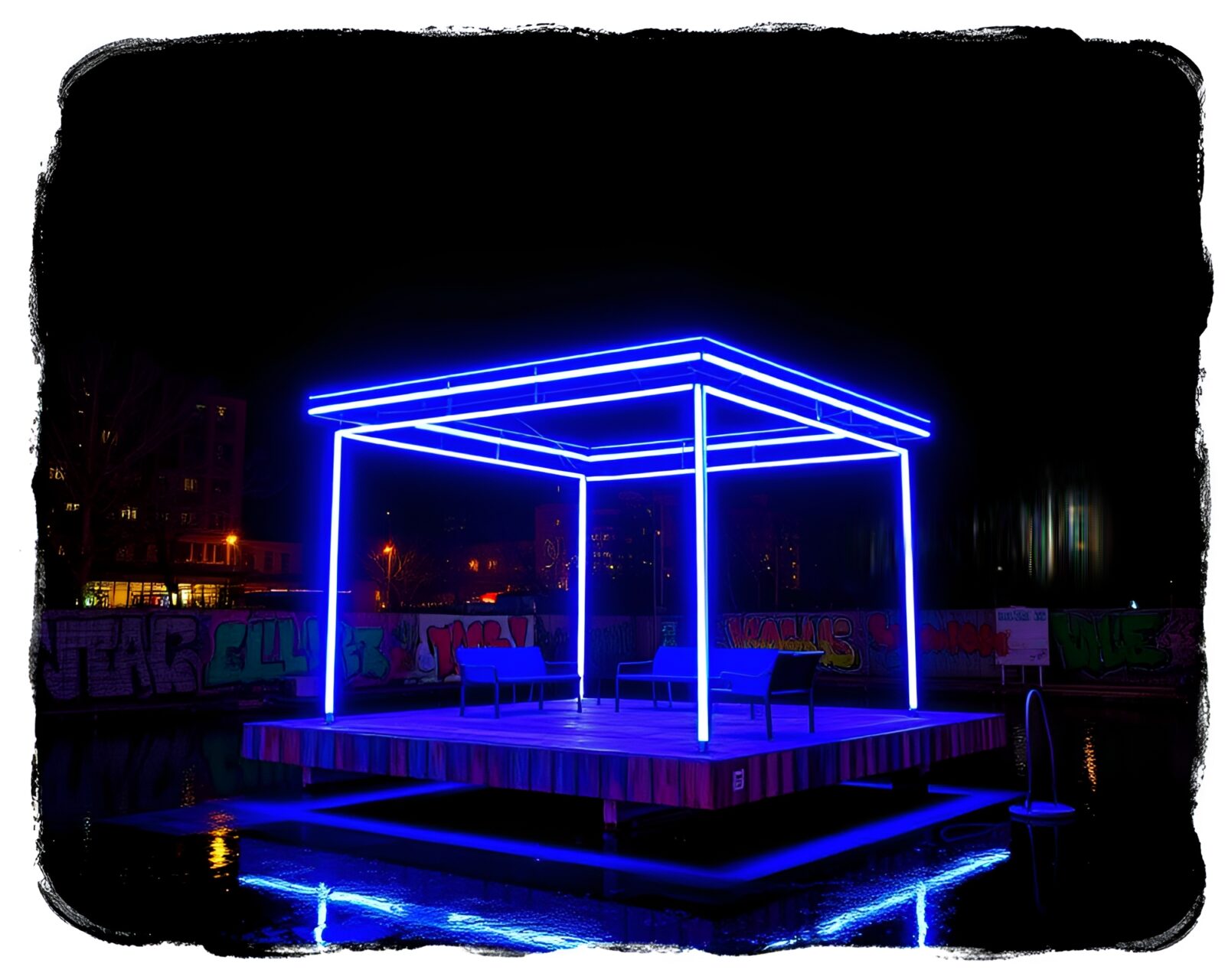 Colorful floating pavilion covered in neon tubing and spray paint graffiti
