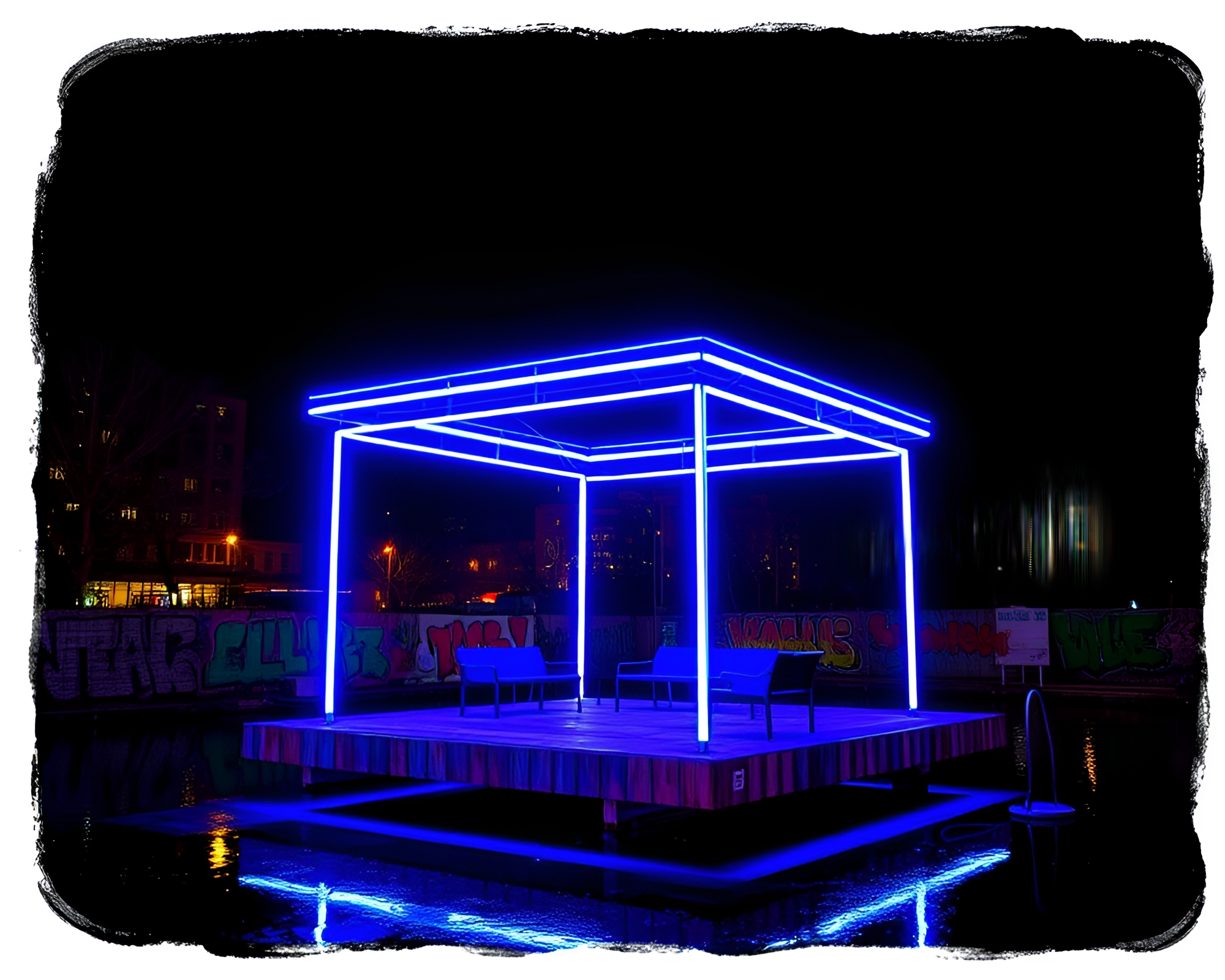 Neon Pavilion: Graffiti Wonderland in Cobalt Blue Hues – free AI stock image
