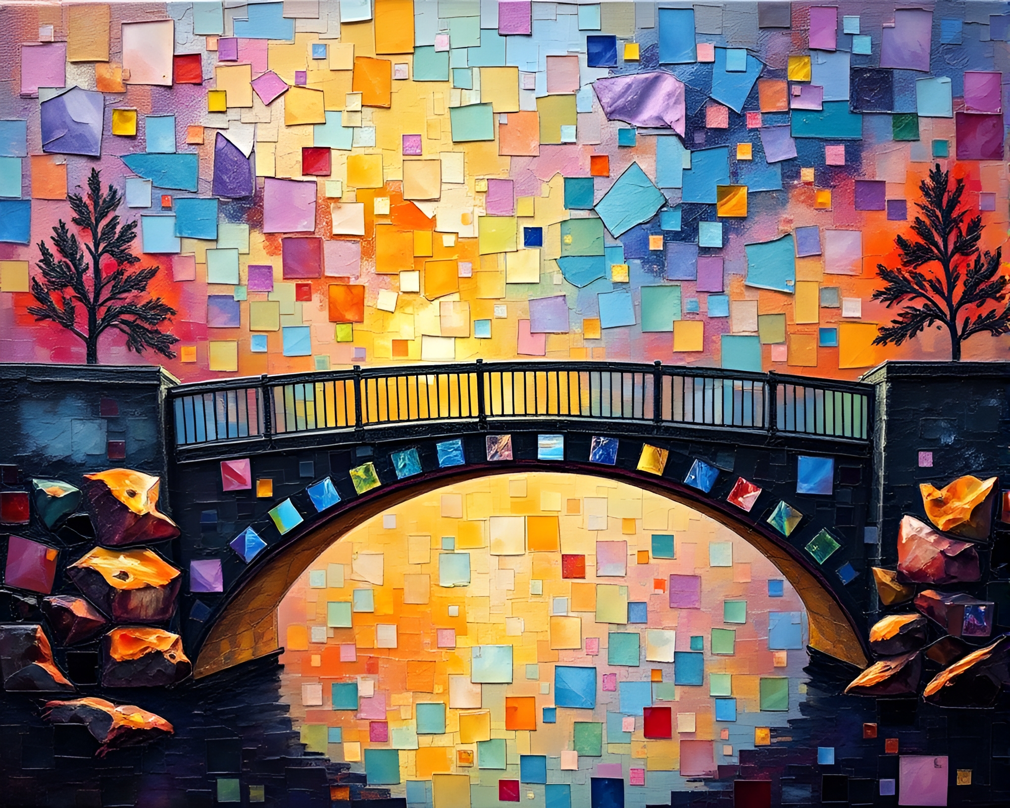 Aurora Arch Bridge in Fragmented Mosaic Oil Painting – free AI stock image