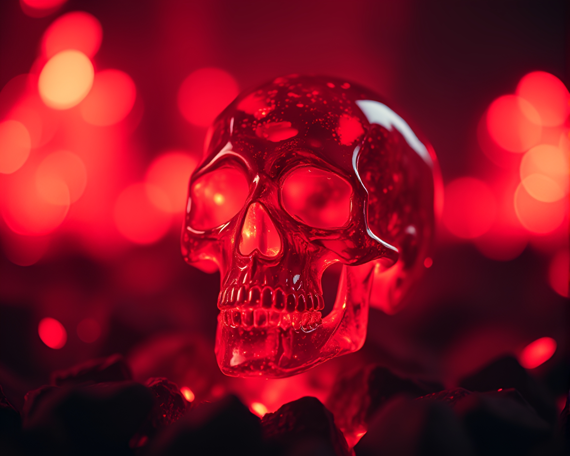 Crystal Skull Floating Among Ruby Red Embers – free AI stock image