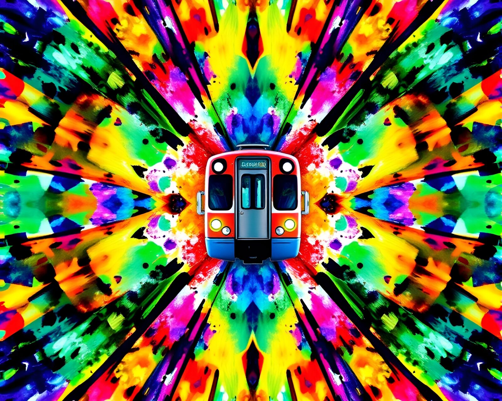 Colorful magnetic train floating in watercolor sky background