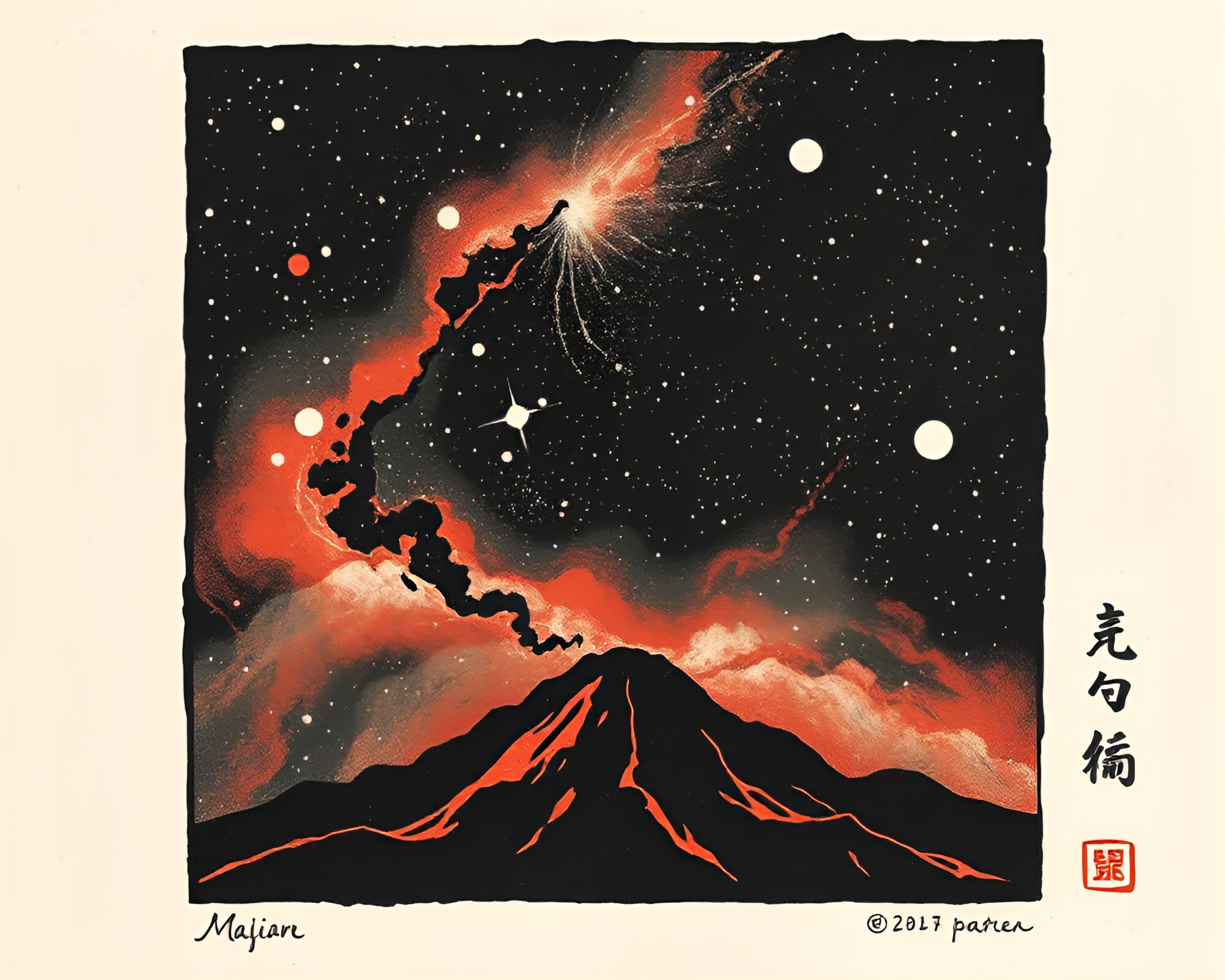 Woodblock Celestial Nebula in Volcanic Ash Tones – free AI stock image