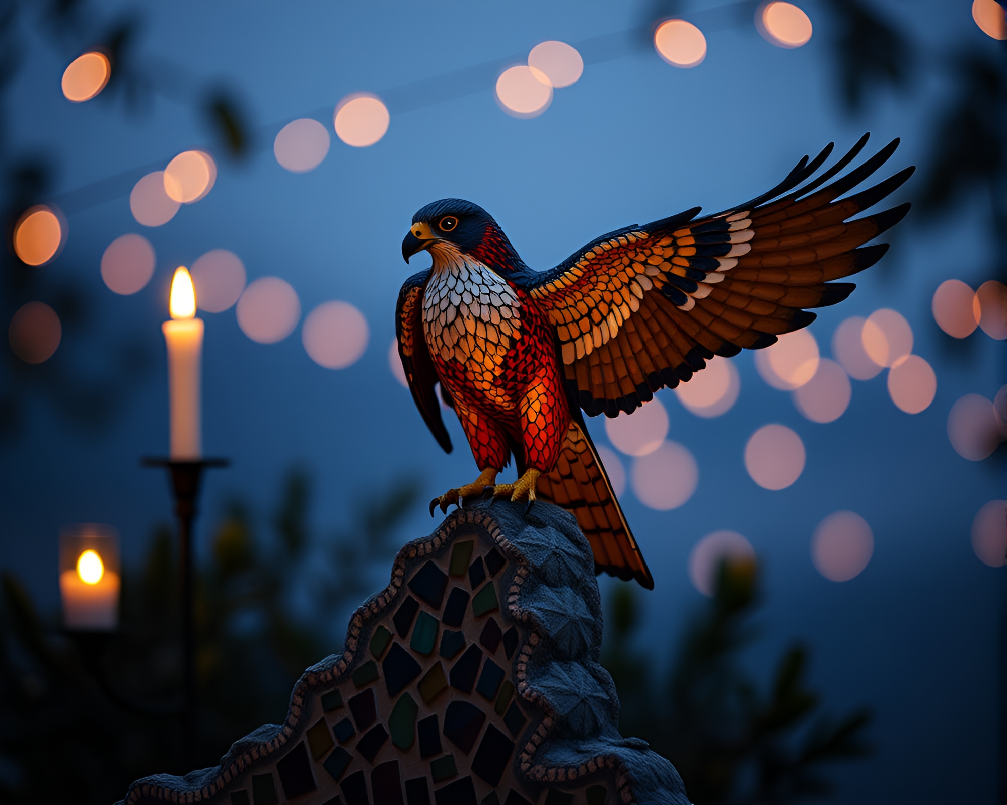 Candlelit Falcon Mosaic Cinemagraph – free AI stock image