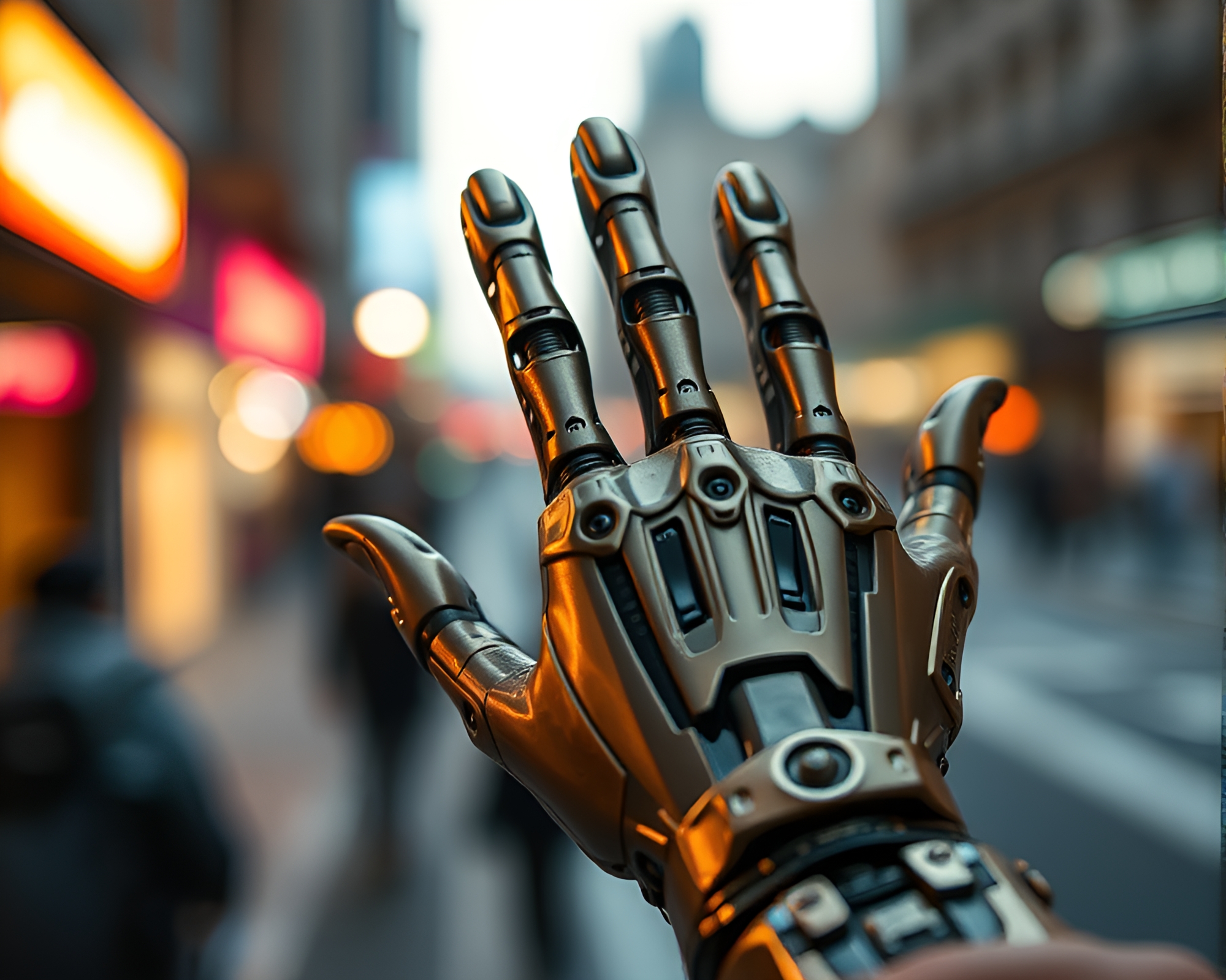 Cybernetic Hand Catching Candid Moment in Bronze Lighting – free AI stock image