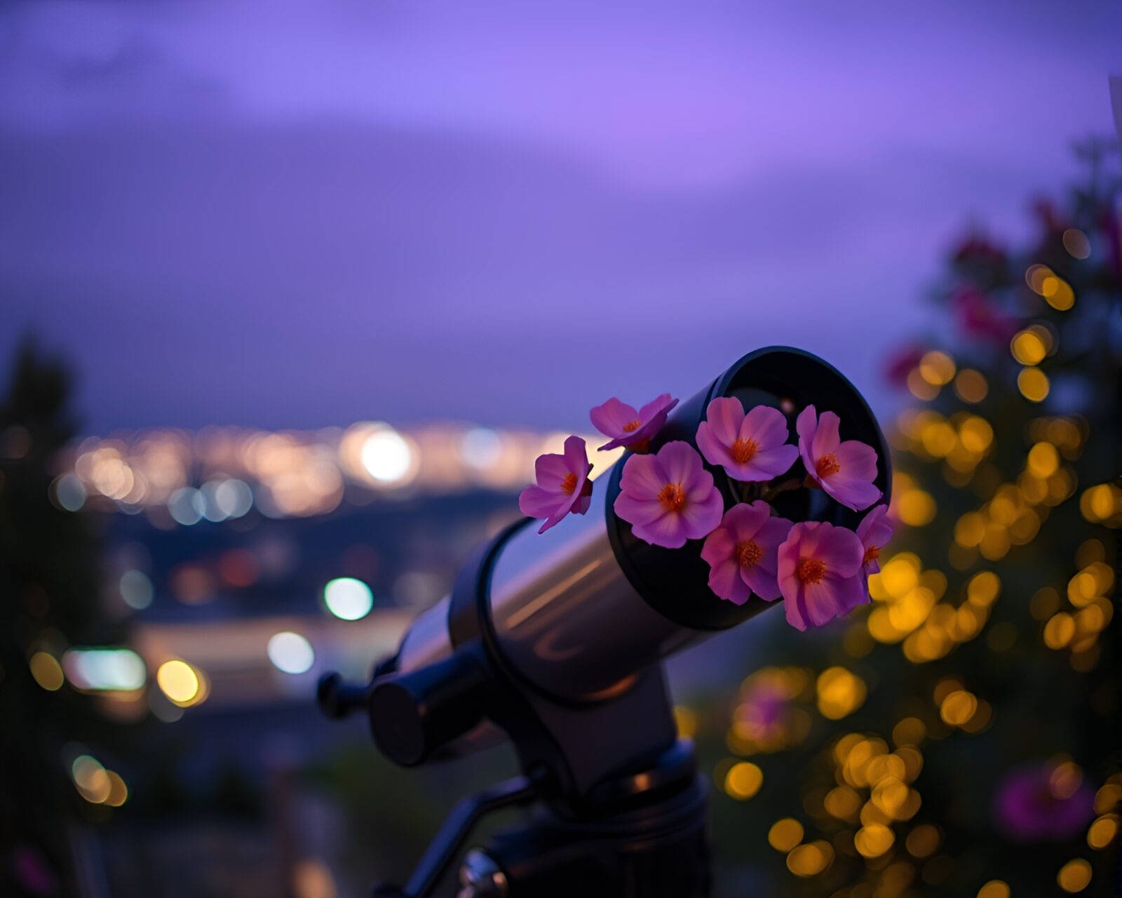 A dreamy twilight scene with a telescope surrounded by watercolor blooms