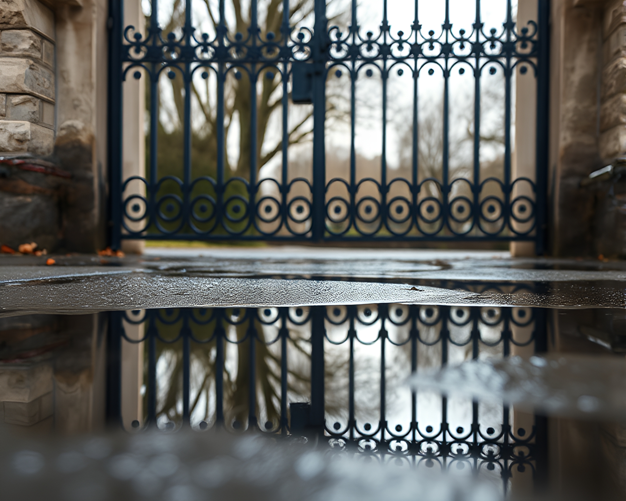 Wrought Iron Gate Reflection in Puddle – free AI stock image