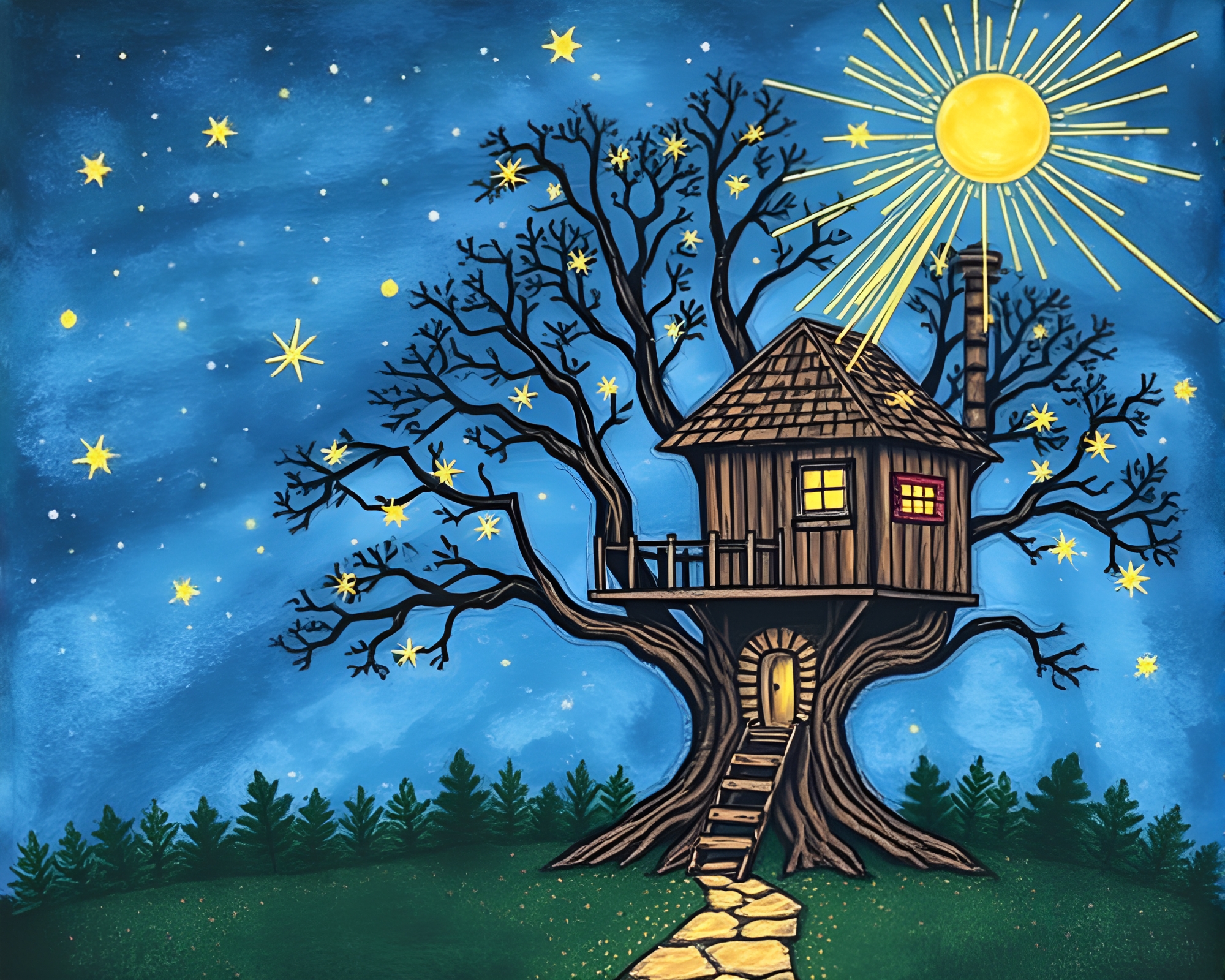 Enchanting Treehouse with Sparkler Trails and Sunbeam Rays – free AI stock image