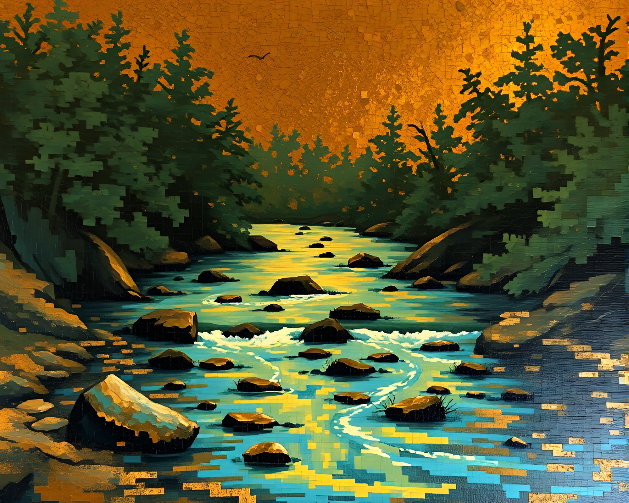 Savage River Serenity: Pixelated Sunset Mural – free AI stock image