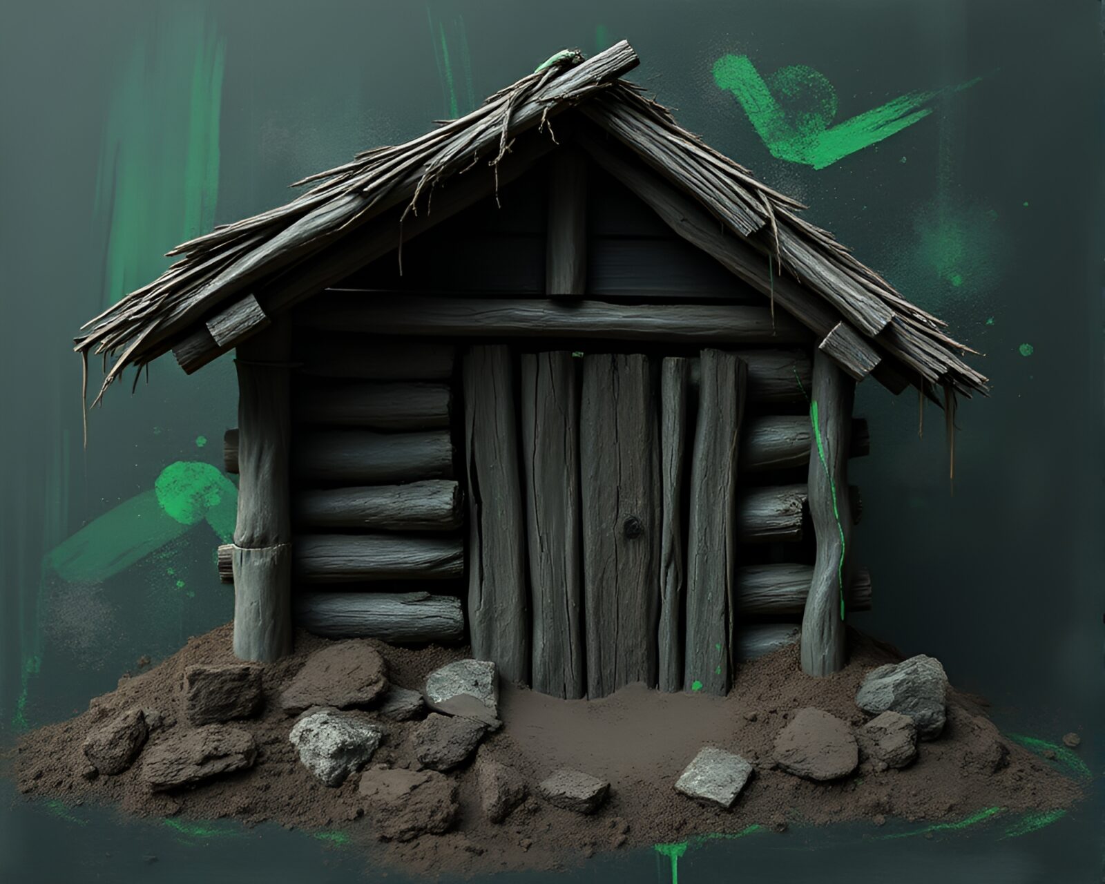 Fantasy mud hut blending with cybernetic textures under green light