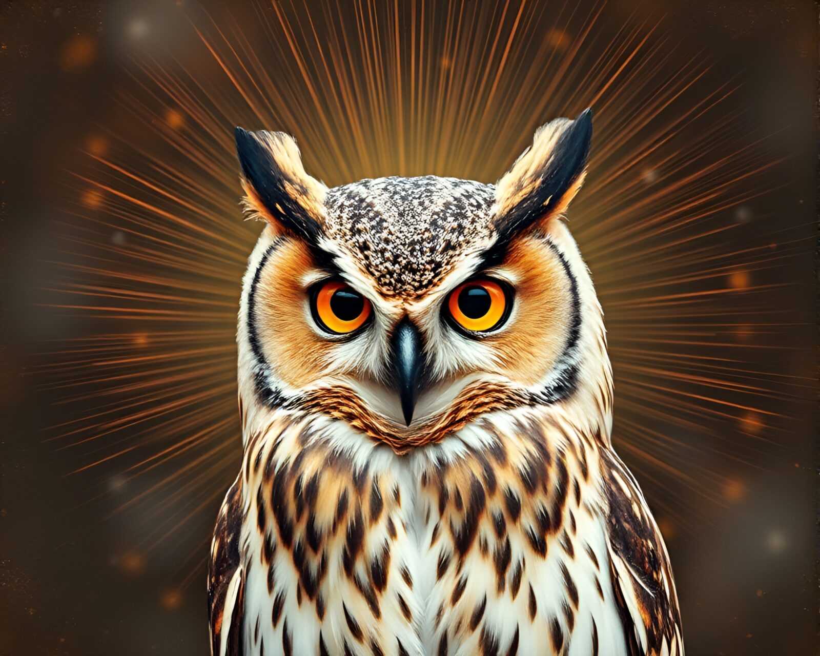 Gorgeous owl surrounded by vivid starburst colors in a photocollage