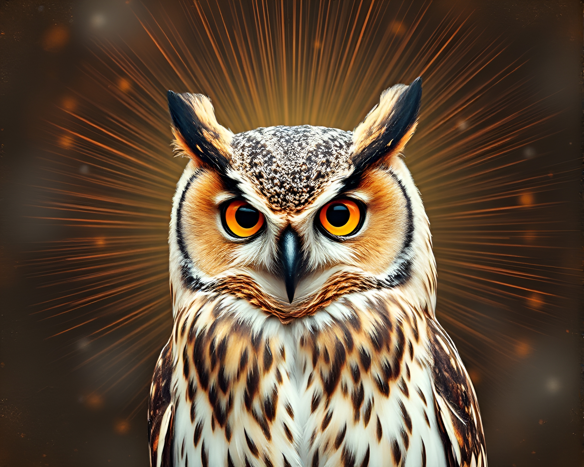 Enchanting Owl Photocollage with Starburst Color Lighting – free AI stock image