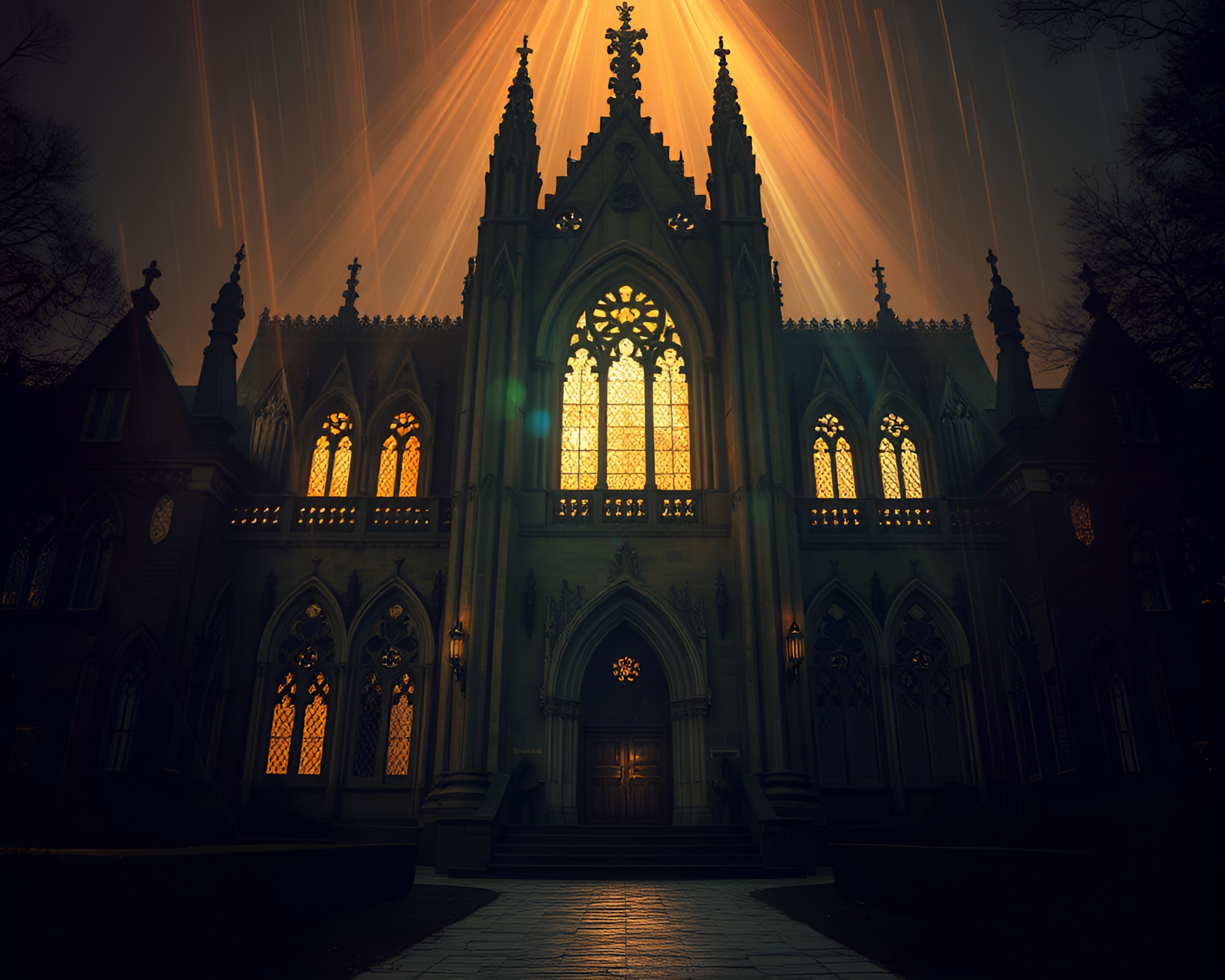 Gothic mansion with ethereal holographic lighting – free AI stock image