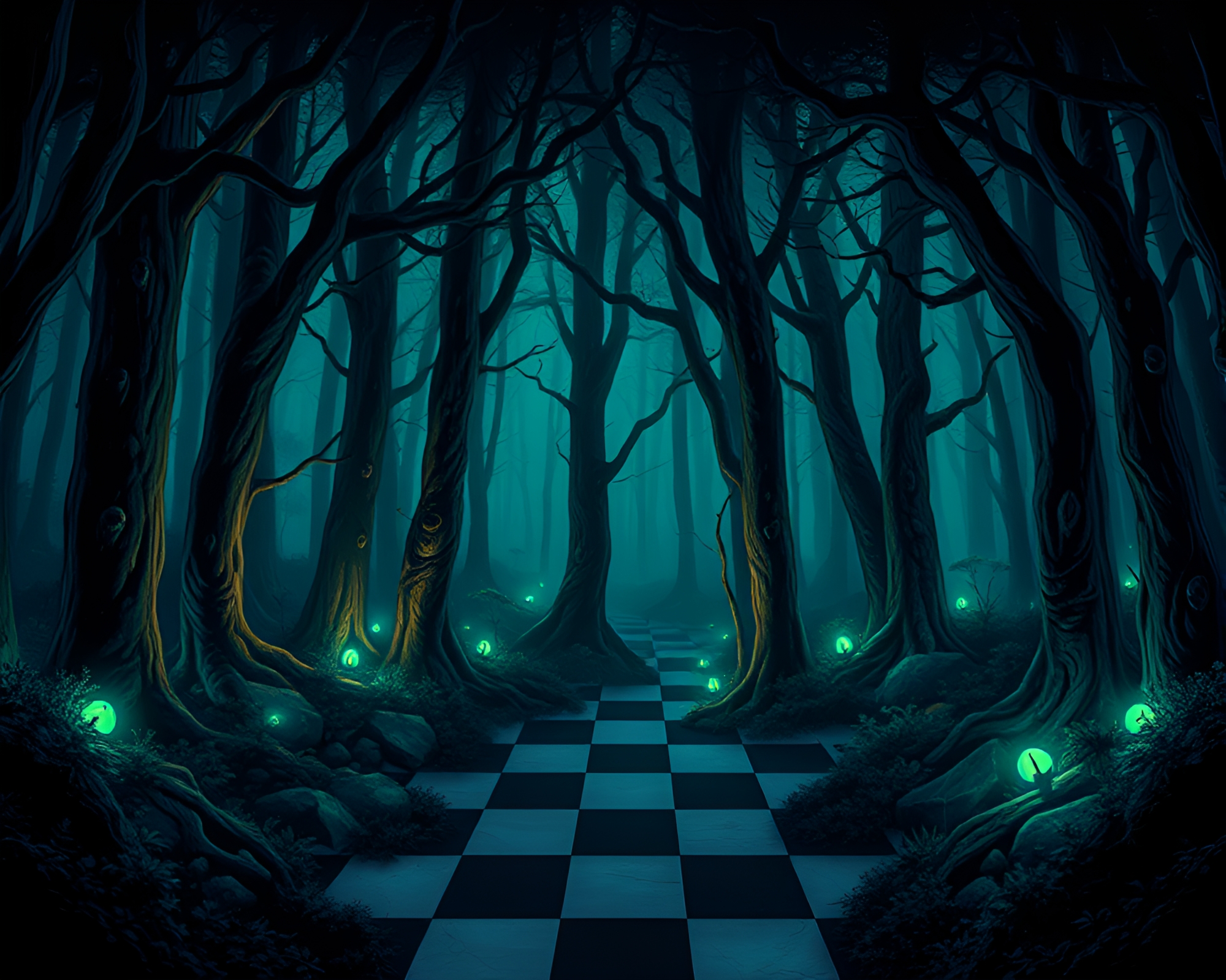 Bioluminescent Checkered Forest in Dungeon Torchlight – free AI stock image