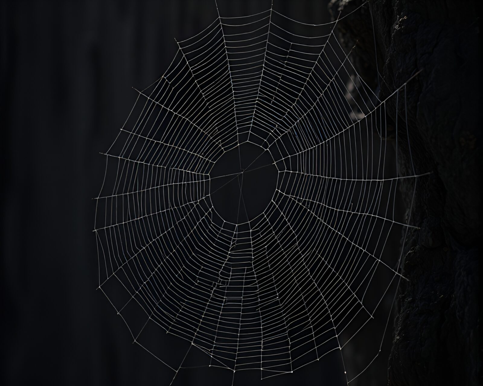 Telephoto shot of cobweb strands on shadowy cliff face
