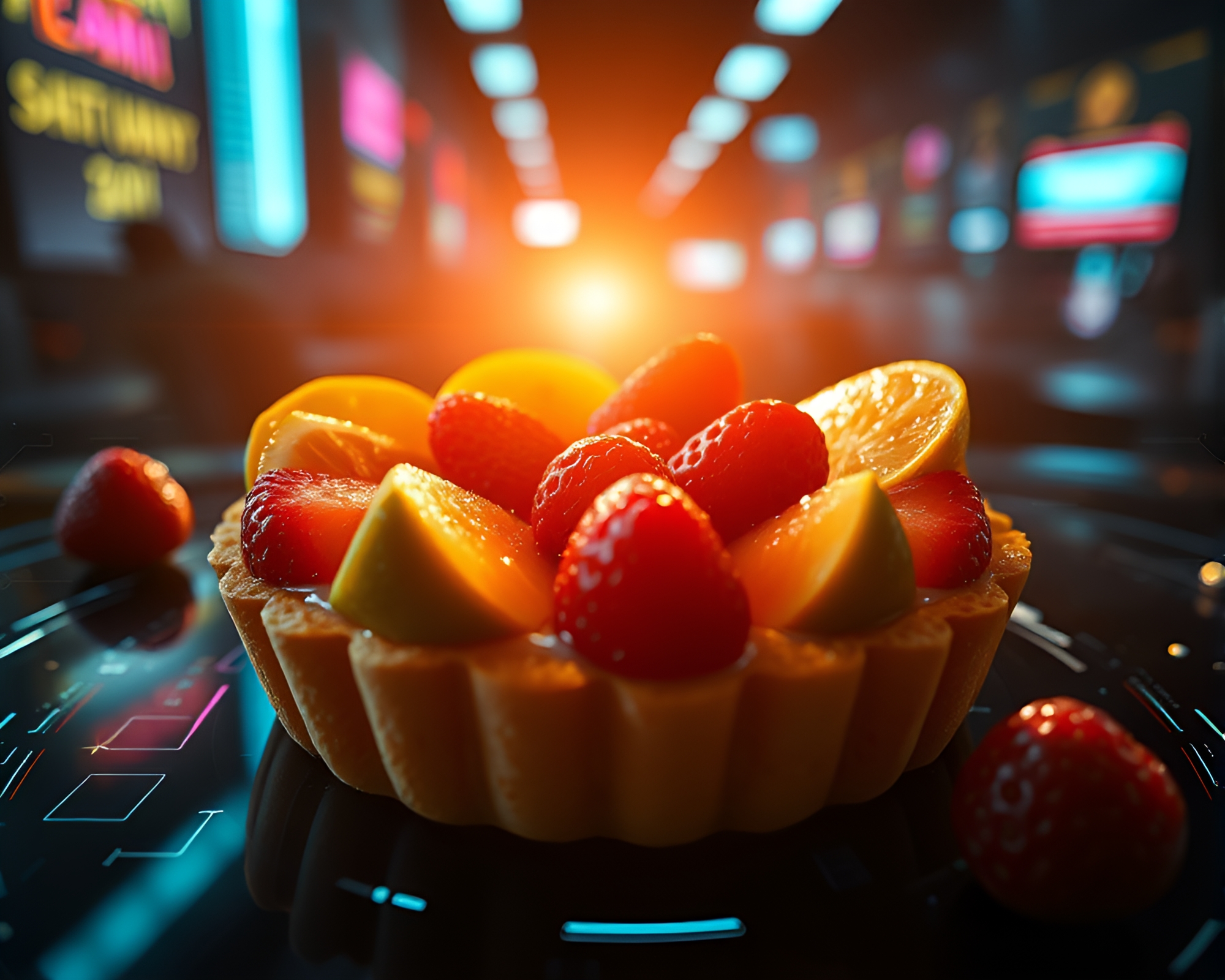 Futuristic Fruit Tart HUD in Midday Bright Light – free AI stock image
