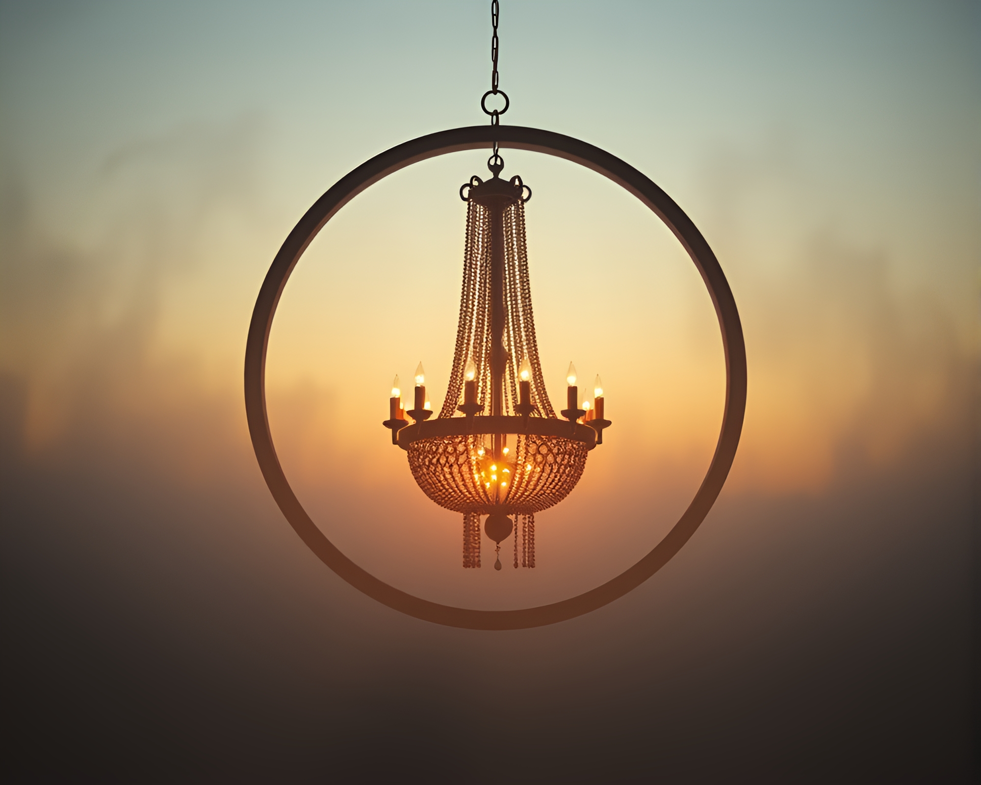 Circular Frame Chandelier in Retro-Futuristic Dawn Mist – free AI stock image
