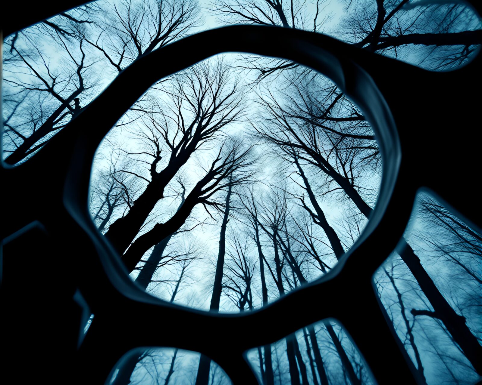 Monochrome blue worm's eye view of pixelated stained-glass scene
