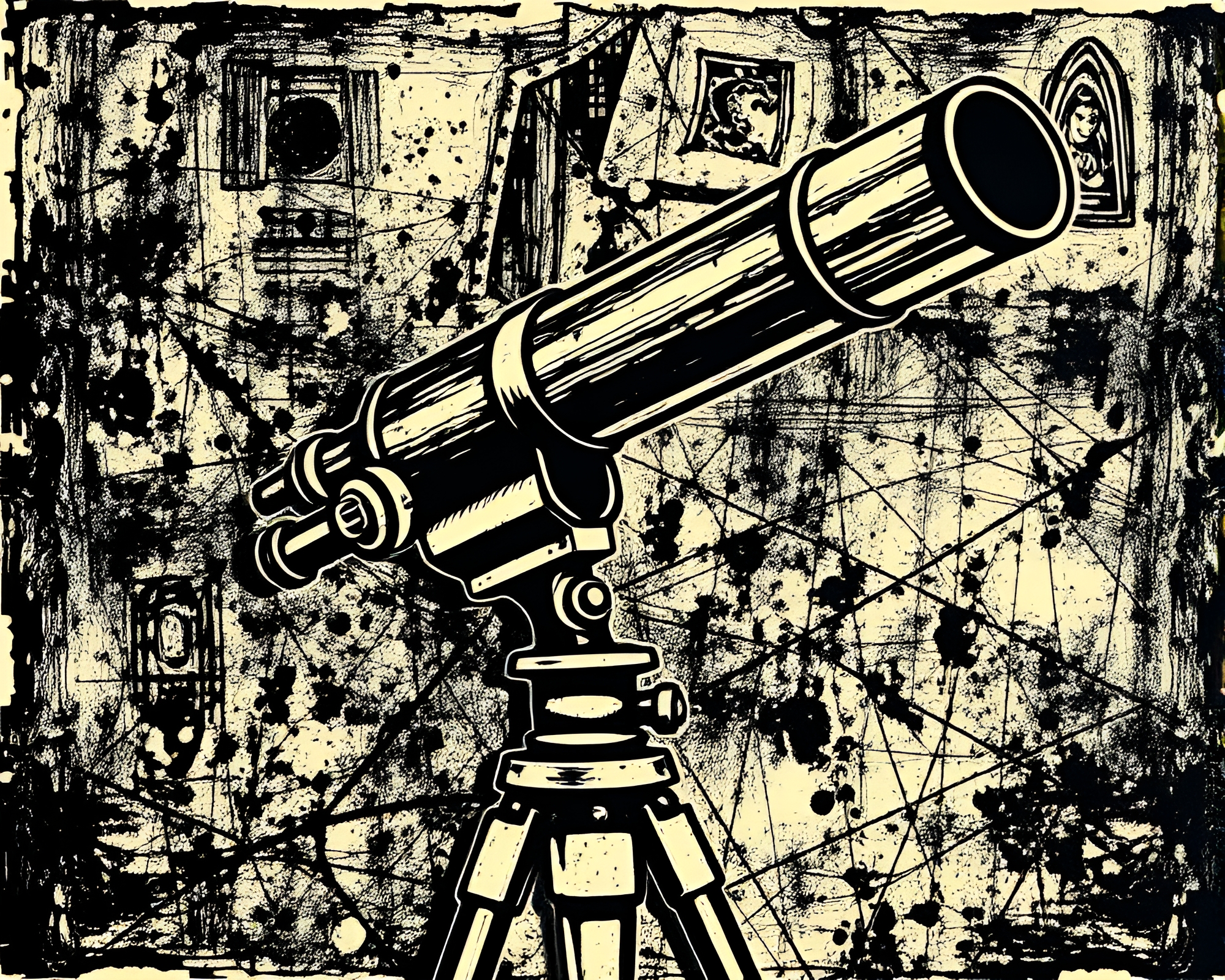 Antique brass telescope on linocut textured background – free AI stock image