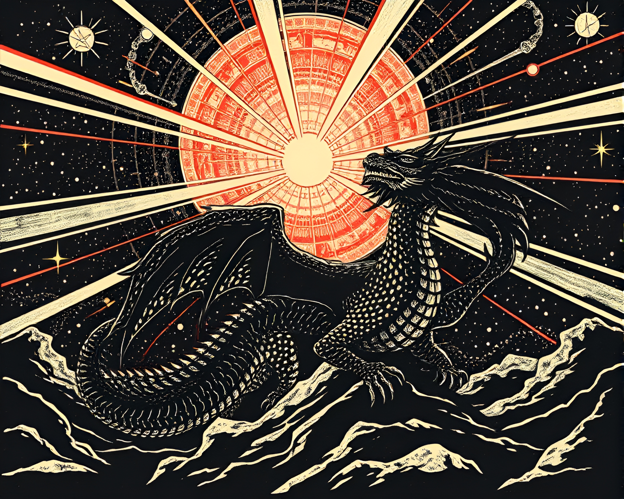 Celestial Dragon in Laser Beam Woods – free AI stock image
