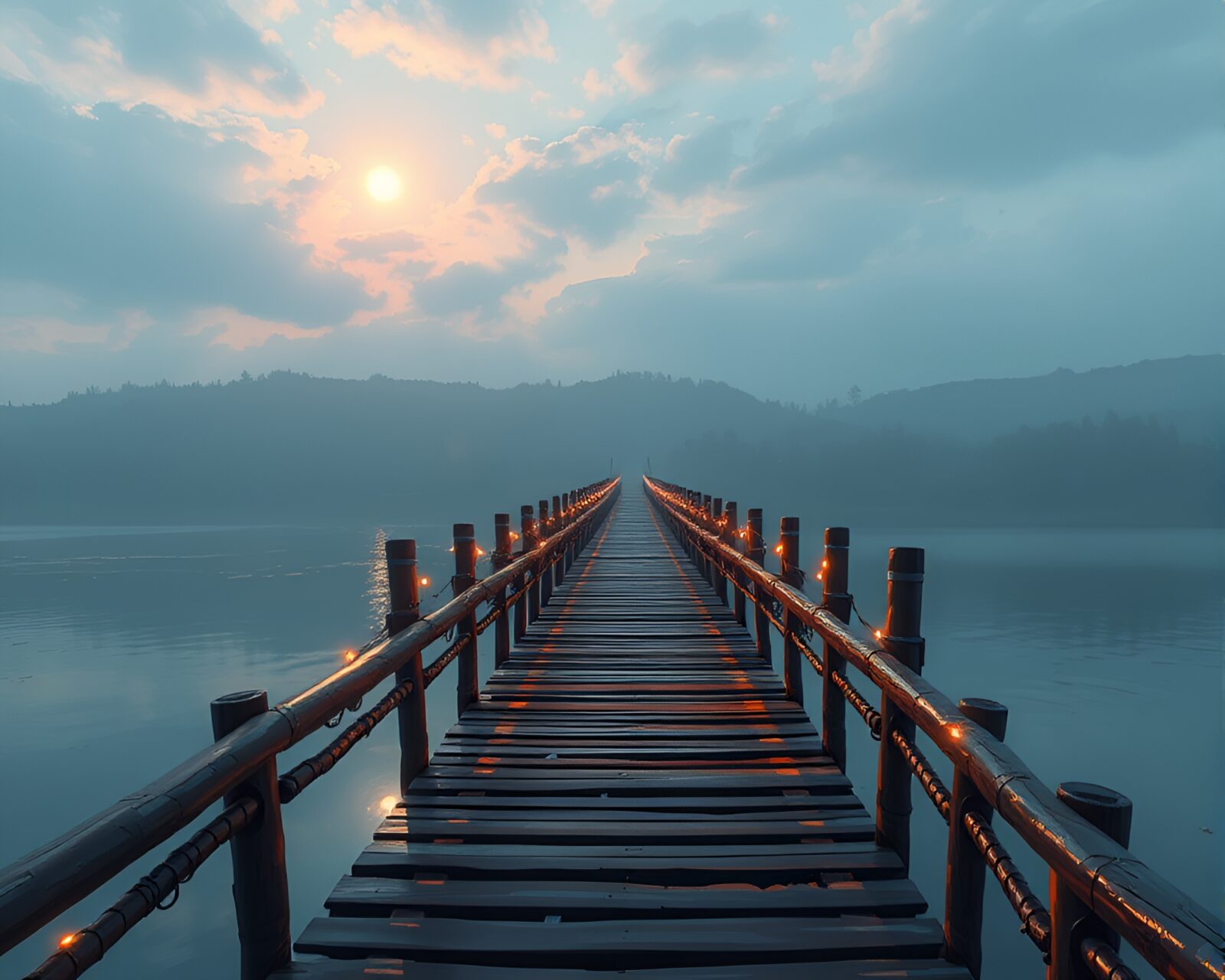 Pixel art scene capturing a candid moment on wooden bridge with metallic sheen