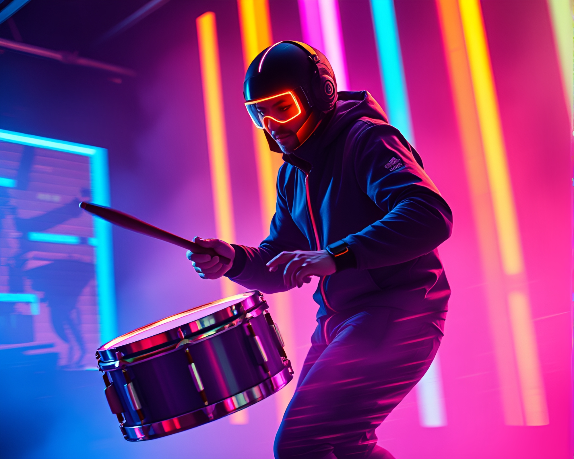 Neon Drummer: Futuristic Motion Capture Illustration – free AI stock image