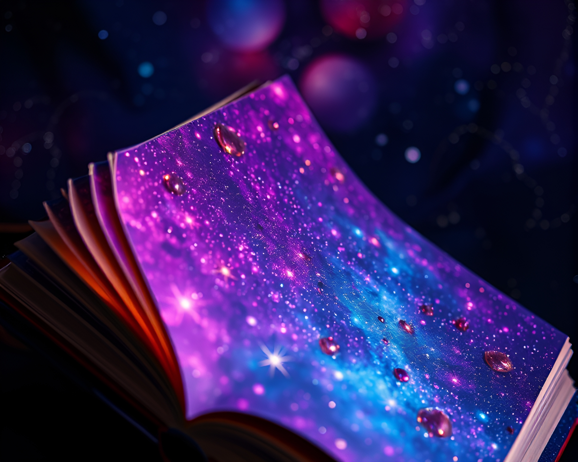 Enchanted Book on Tilting Galaxy Background – free AI stock image