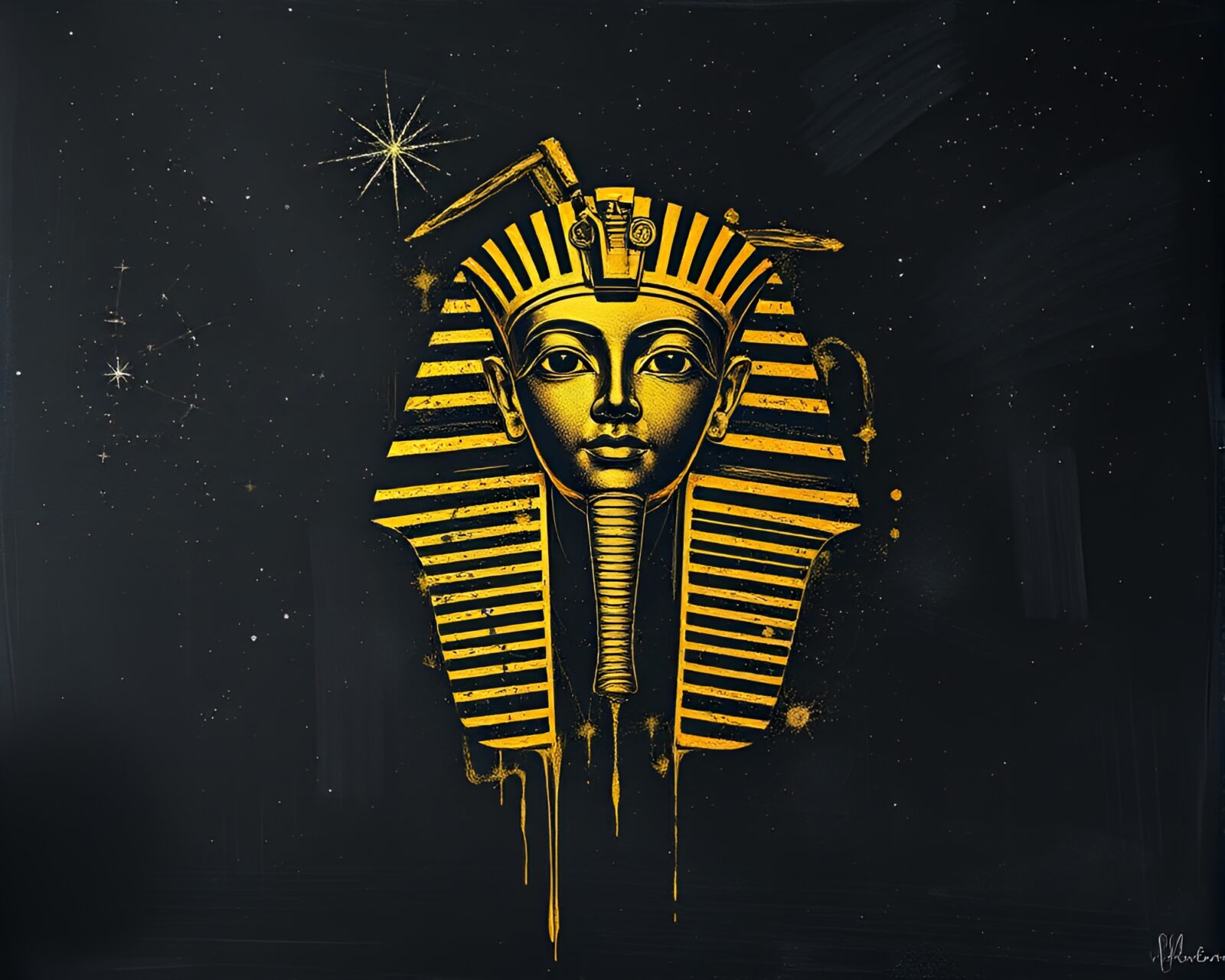 Mystical depiction of Pharaoh's mask under starry night sky