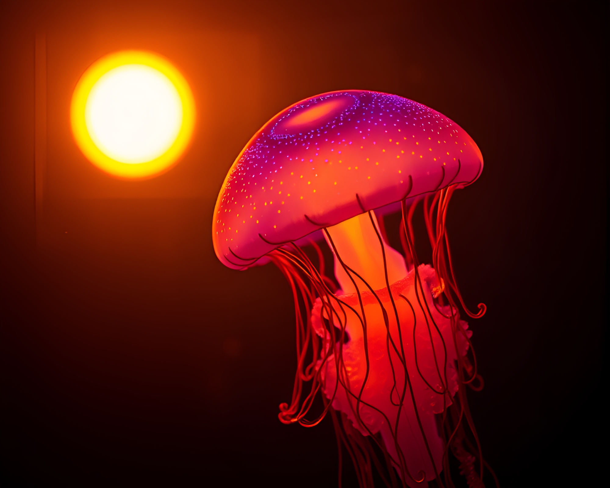 Bioluminescent jellyfish illuminated by warm wood grain sunset – free AI stock image