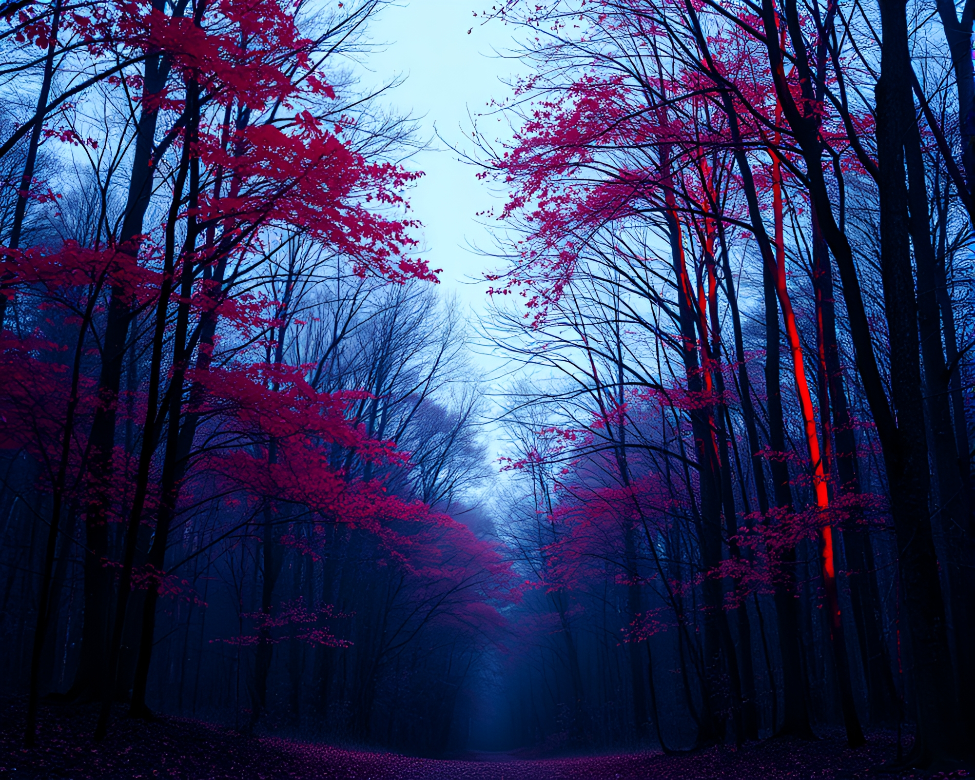 Autumn Forest Through Architectural Frame at Blue Hour – free AI stock image