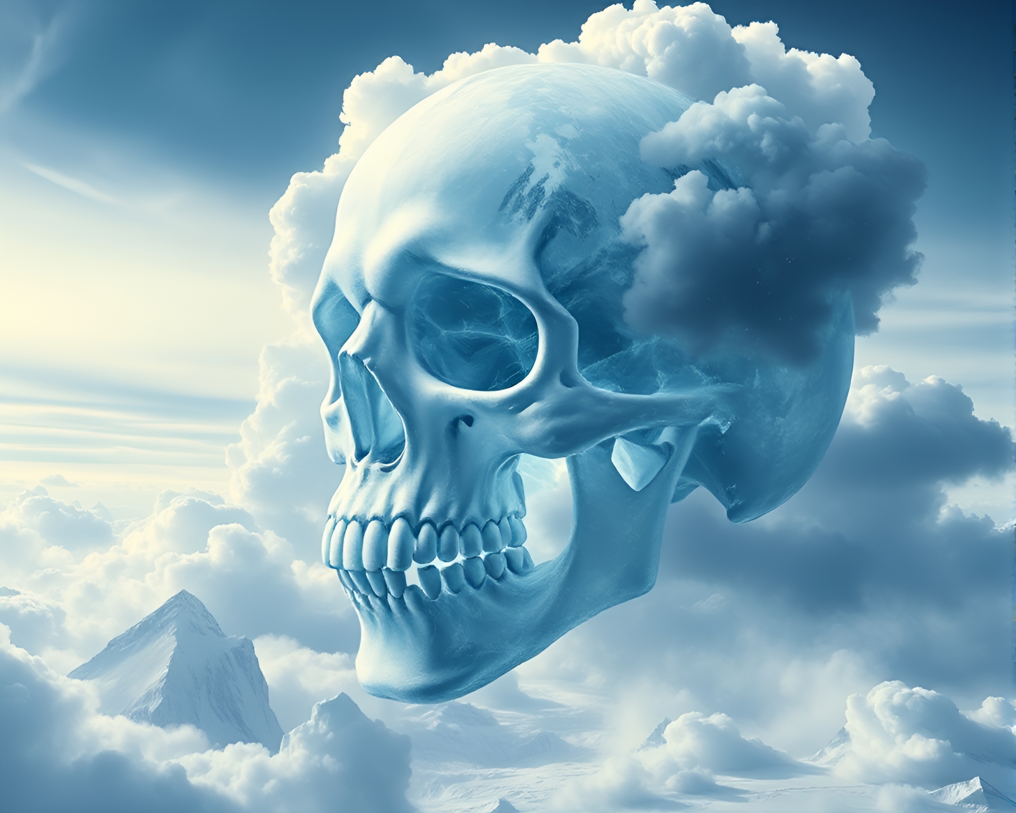 Crystal Skull Amid Antarctic Algorithmic Clouds – free AI stock image