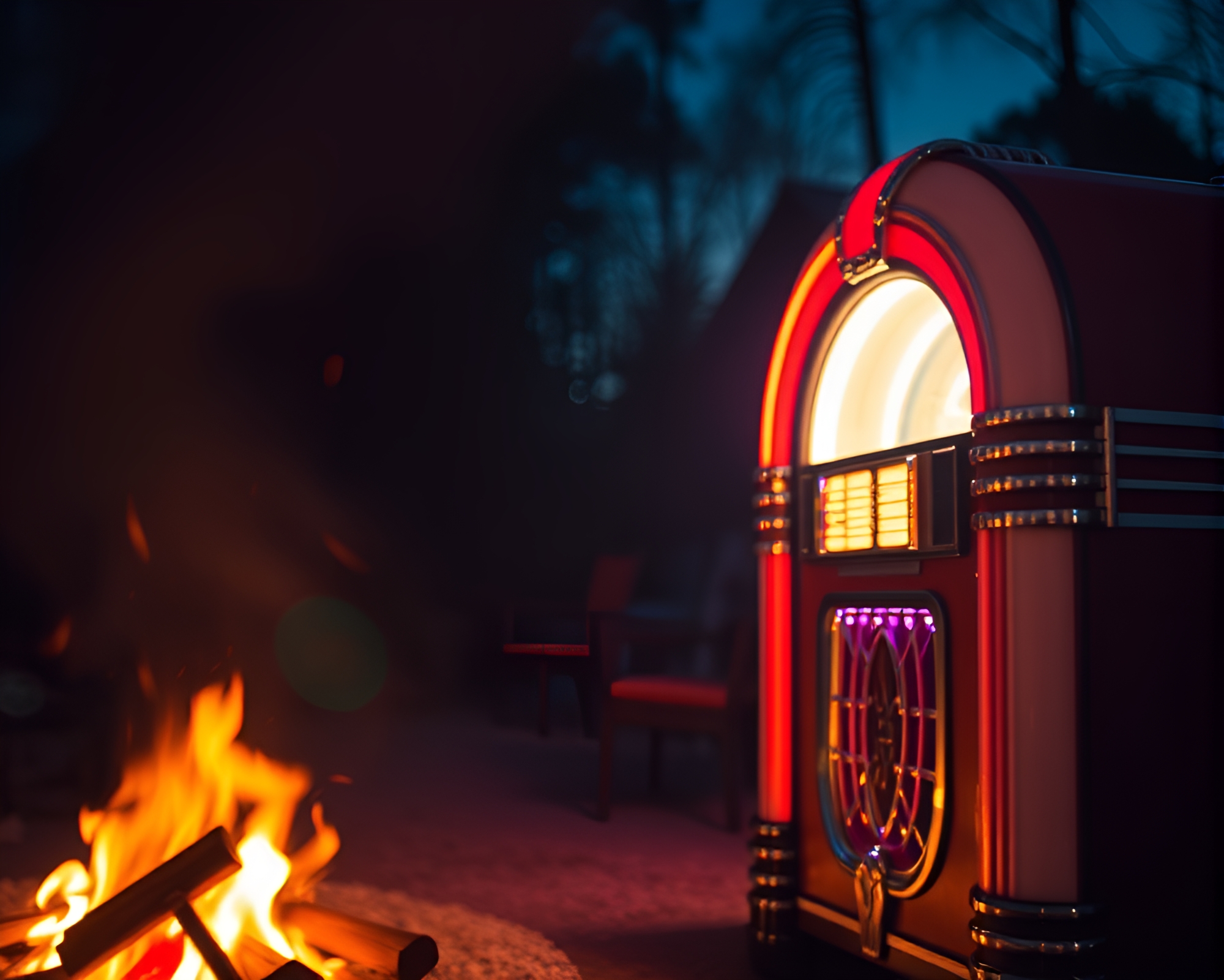 Retro Jukebox Bonfire Spotlight – free AI stock image