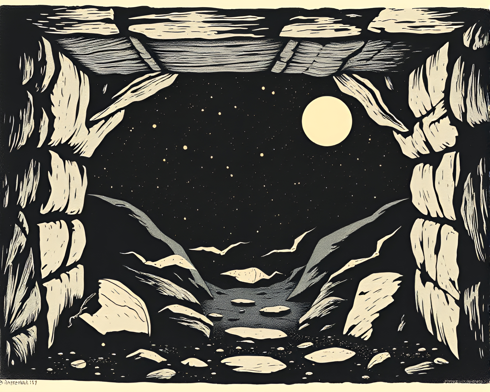 Satellite Enveloped in Dimly Lit Basement Linocut Print – free AI stock image