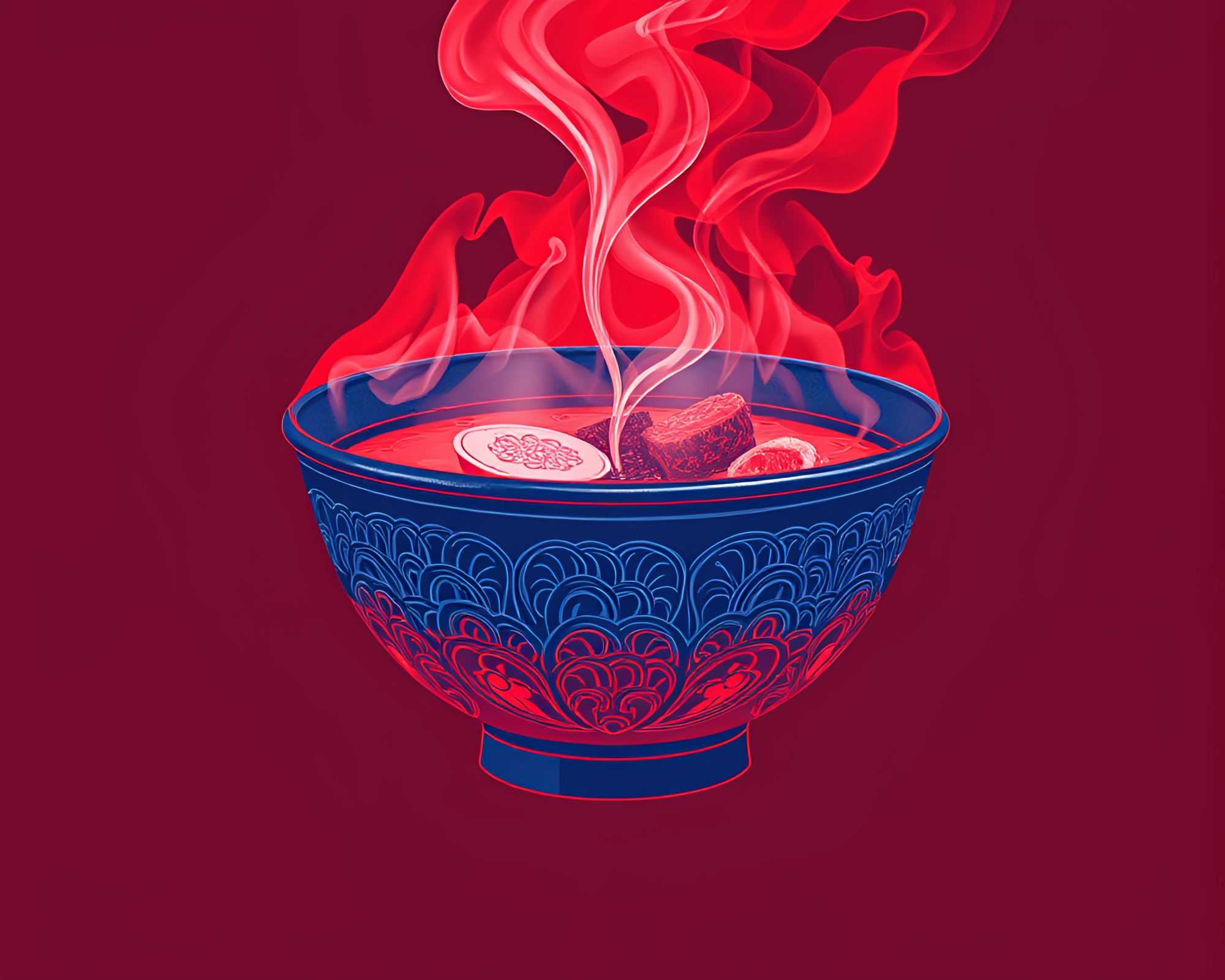 Ramen Bowl in Duotone Blueprint Style with Steam Vapor – free AI stock image