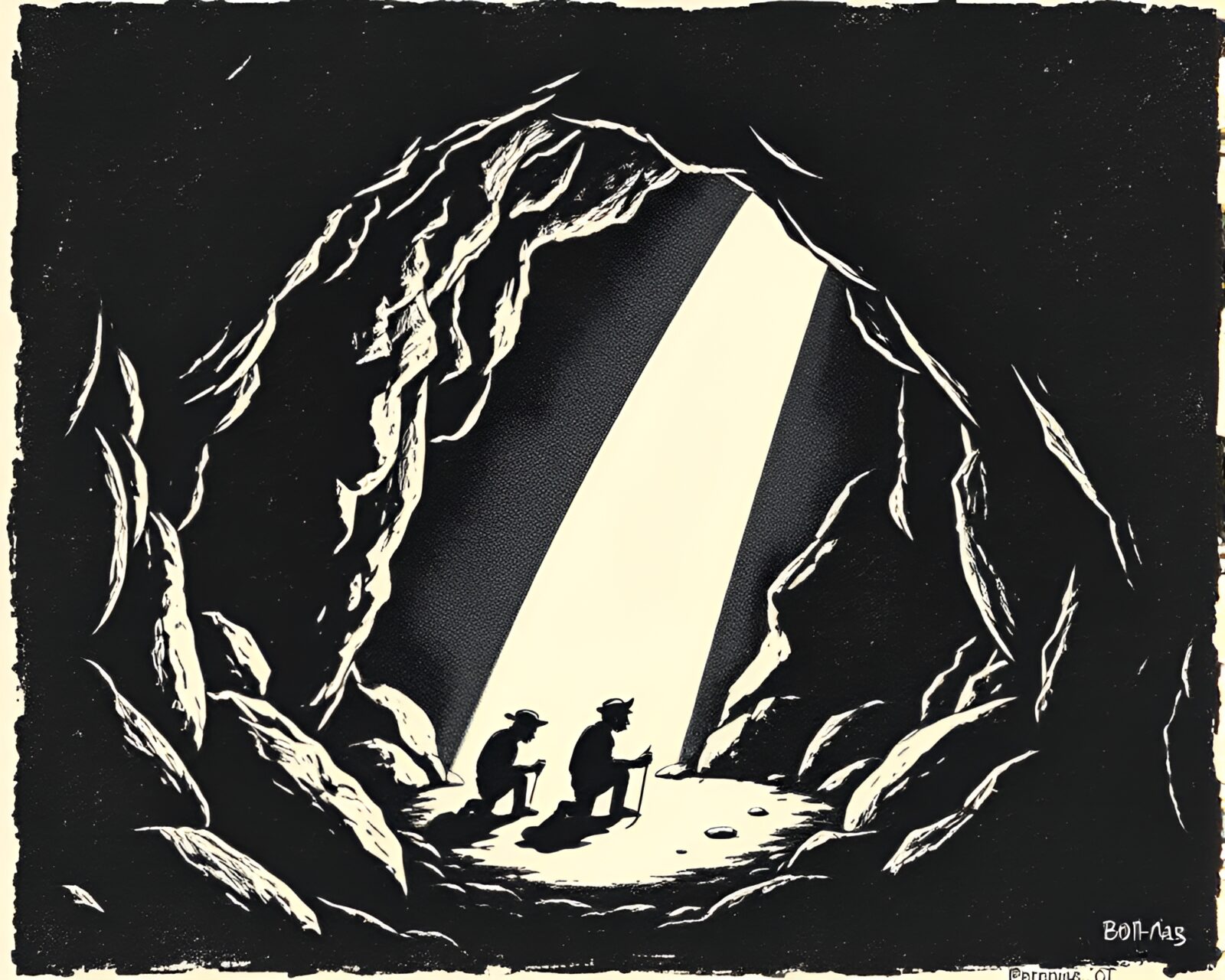 Artistic linocut cave painting illuminated by a dramatic spotlight