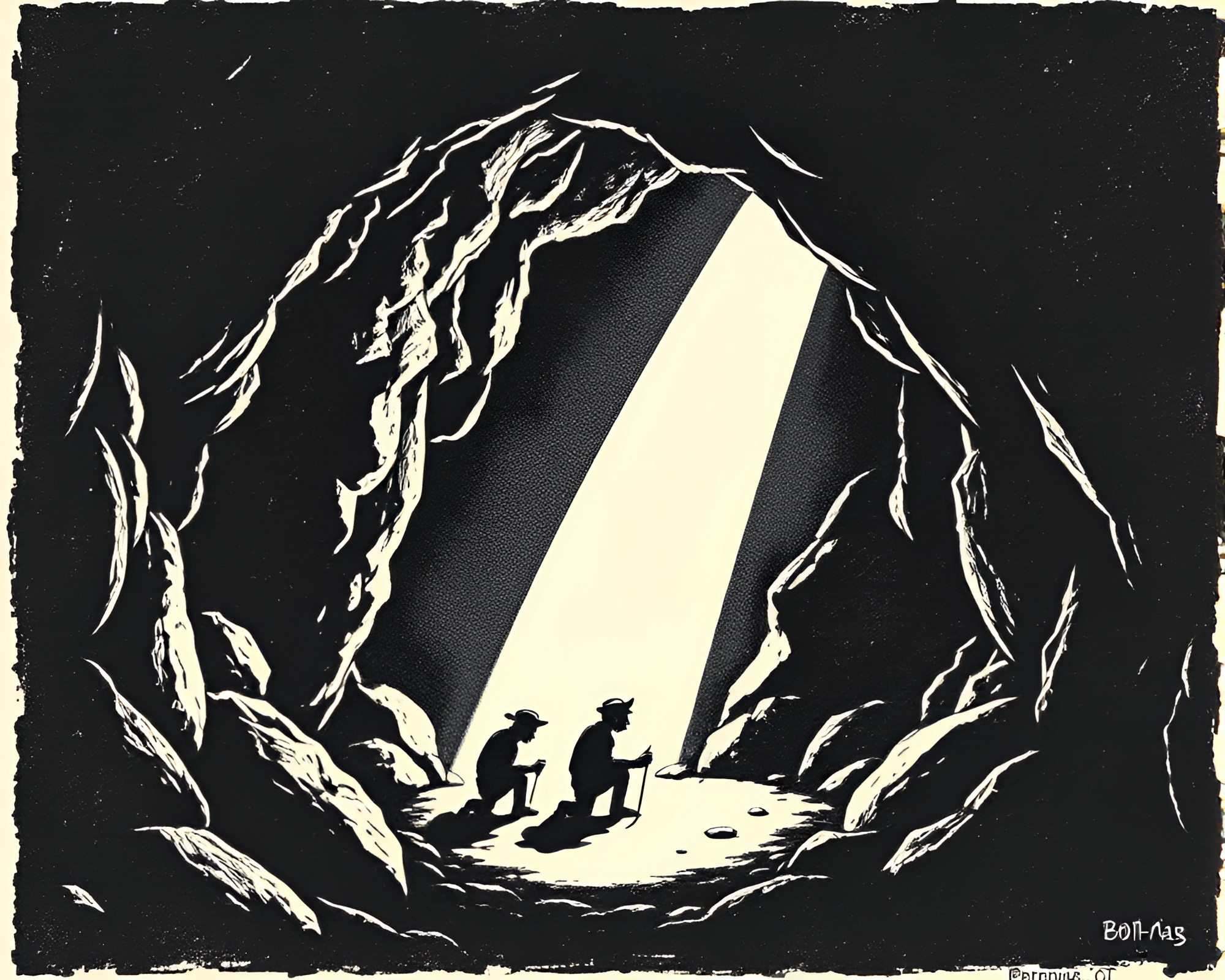 Ancient Linocut Cave Painting with Dramatic Spotlight – free AI stock image