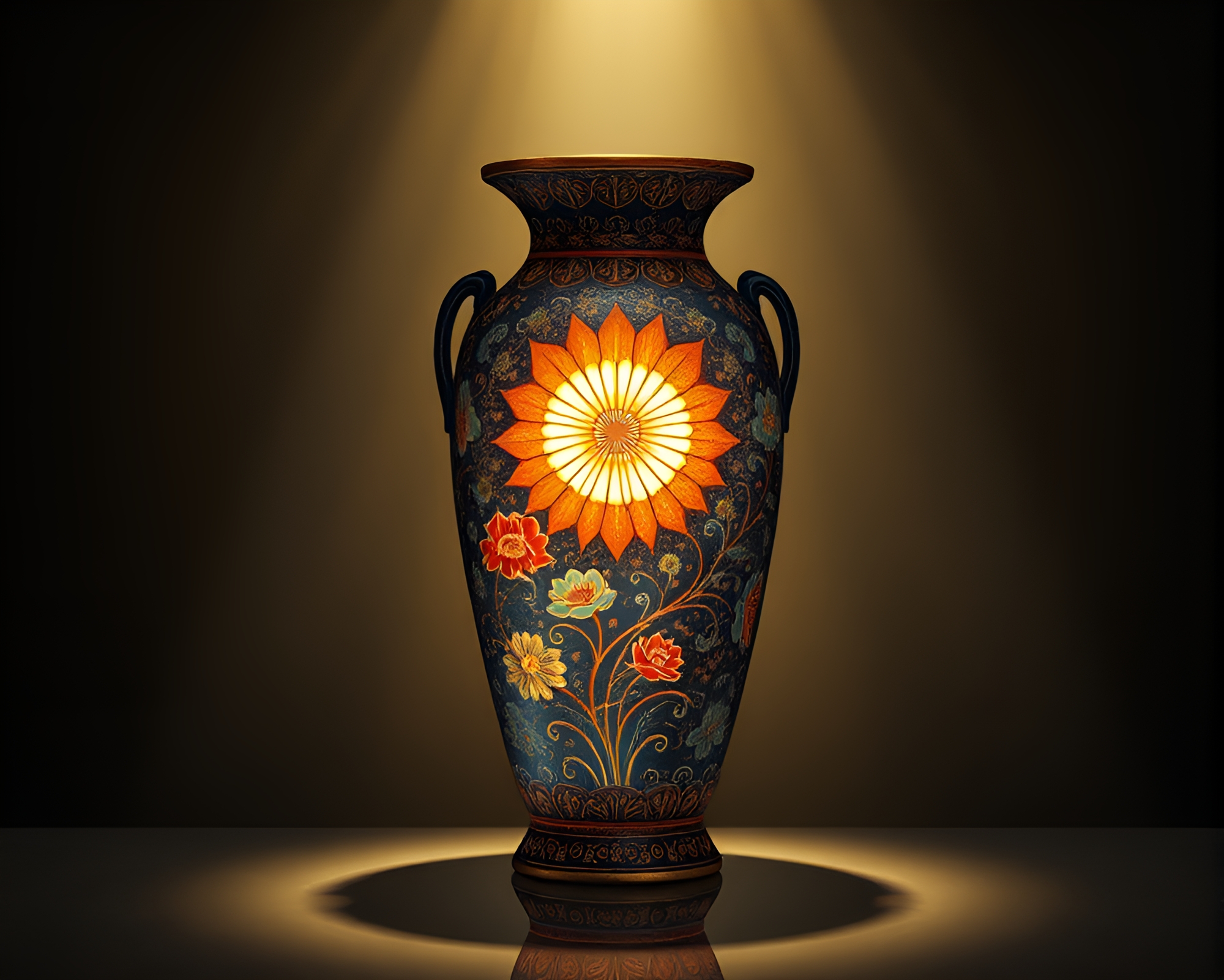 Center Composition with Cloisonné Vase in Solar Flare Glow – free AI stock image