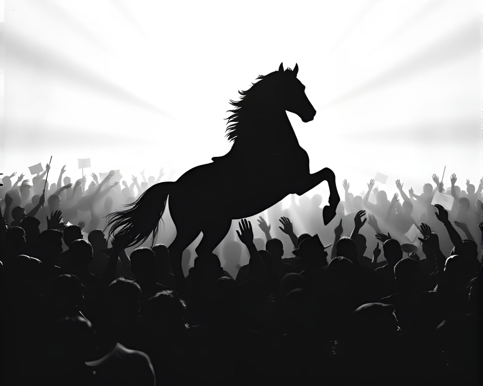 Etching style artwork of majestic stallion amidst heavenly light