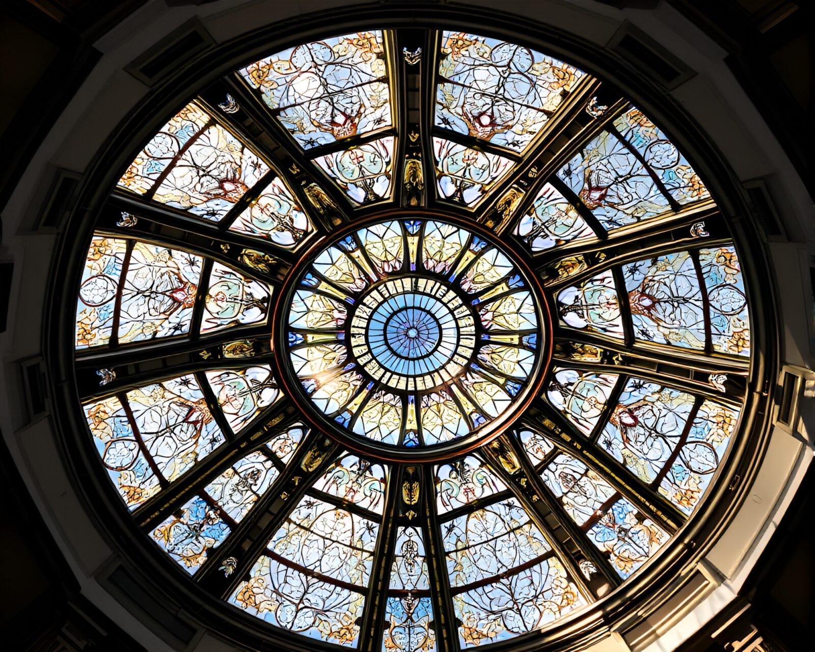 Fragmented kaleidoscope prism refractions in a stained glass dome
