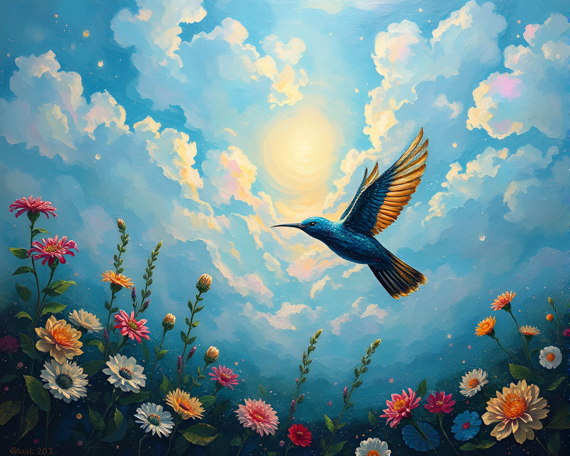 Sky Garden Serenity: Iridescent Hatching Fresco Painting – free AI stock image