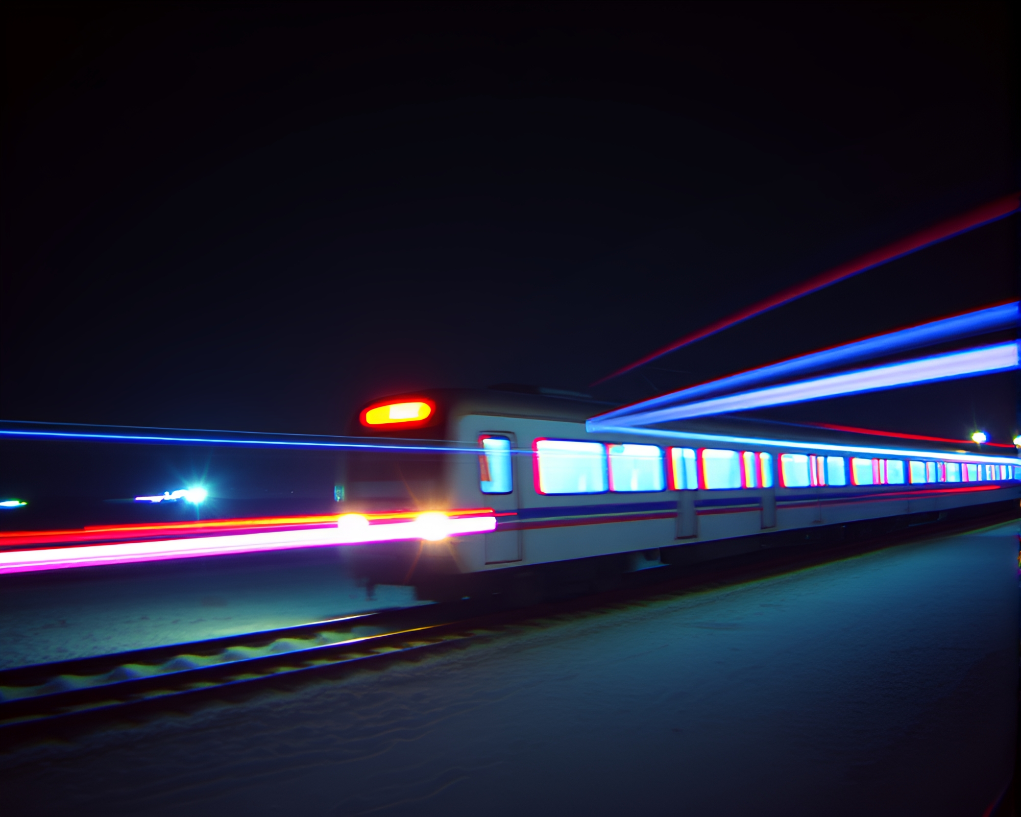 Beach Train Light Trails in VHS 3D – free AI stock image