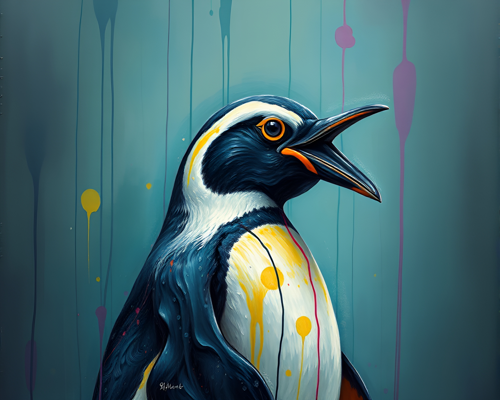 Surreal Penguin Hatching in Dripped Paint Style – free AI stock image