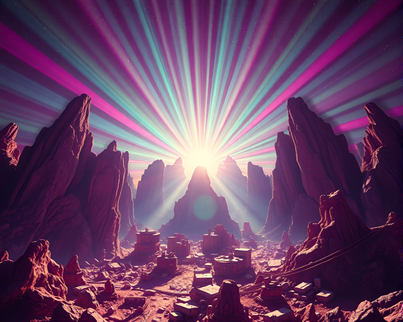 Eldritch creature illuminated by neon sunbeams in digital style