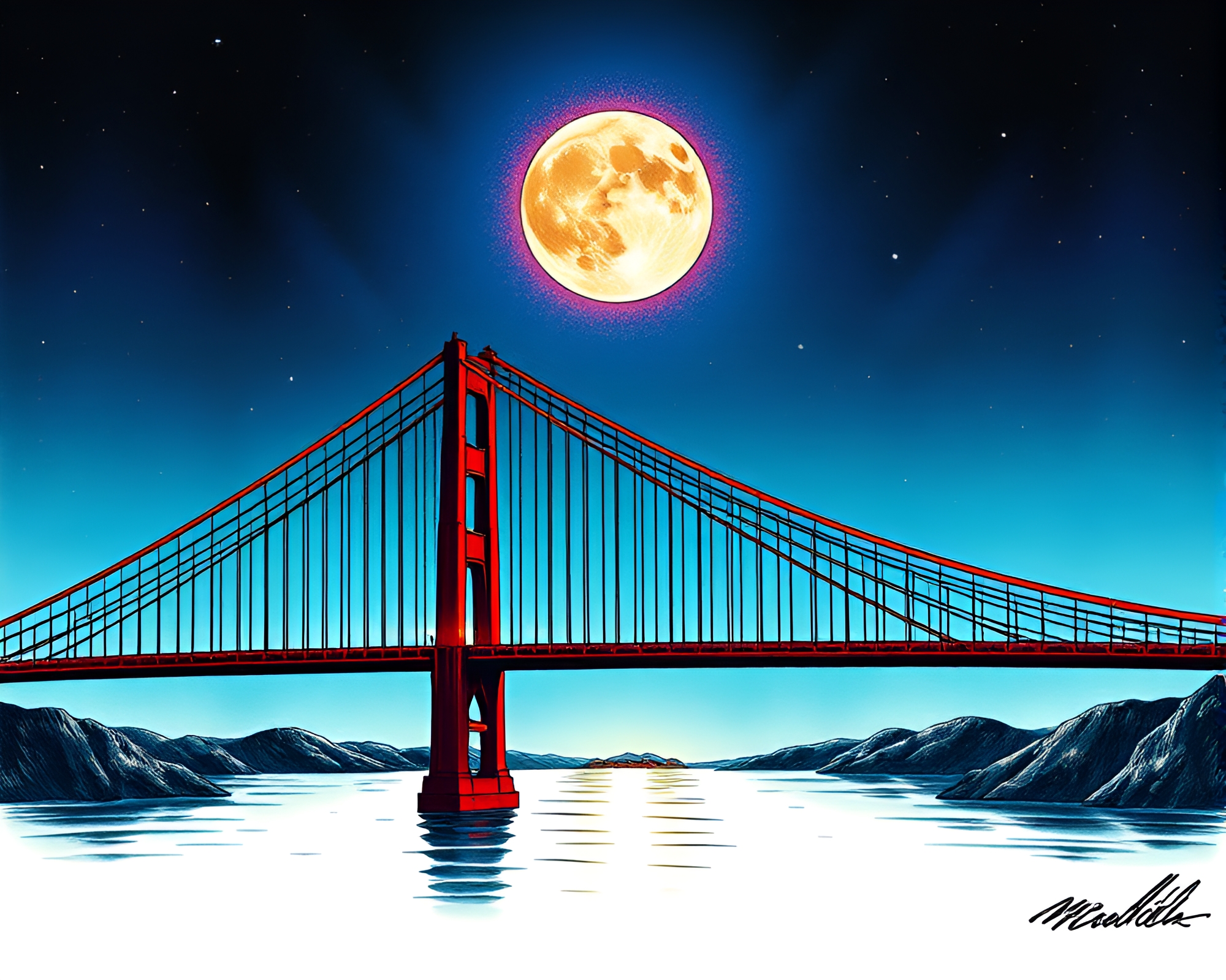 Moonlit Suspension Bridge with Rainbow Refraction – free AI stock image