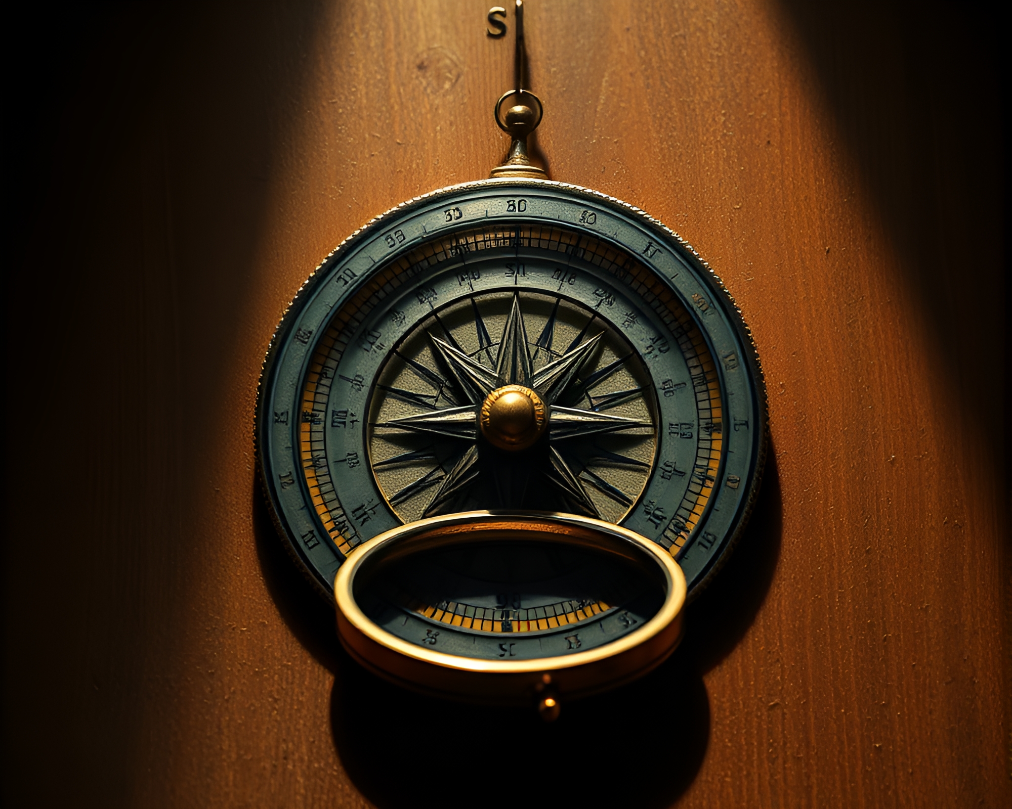 Antique Compass Illuminated in Porchlight Center Composition – free AI stock image